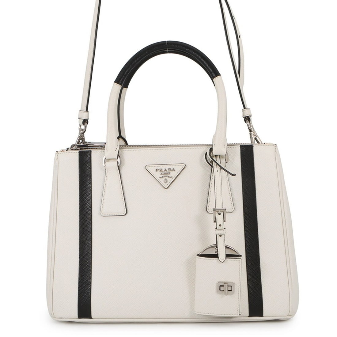 Prada Galleria Saffiano Leather Handbag 1BA863 PRADA 2-way Shoulder Bag: --- Catalog ---Category: SizeSize (HxWxD): 20cm x 29cm x 12.5cm / 7.87'' x 11.41'' x 4.92''Category: DesignType: Handbag, Shoulder bagColor: Black, WhiteGender: WomenMaterial: Leather Category: Genera
