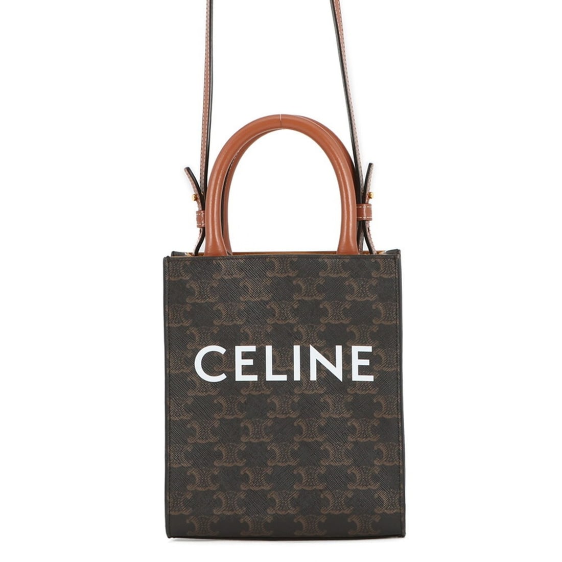 Celine Triomphe Mini Vertical Cabas Leather Handbag 194372 CELINE 2-way Shoulder Bag Brown: --- Catalog ---Category: SizeSize (HxWxD): 20cm x 16.5cm x 5.5cm / 7.87'' x 6.49'' x 2.16''Category: DesignType: Handbag, Shoulder bagColor: BrownGender: WomenMaterial: PVC , Leather Category: General