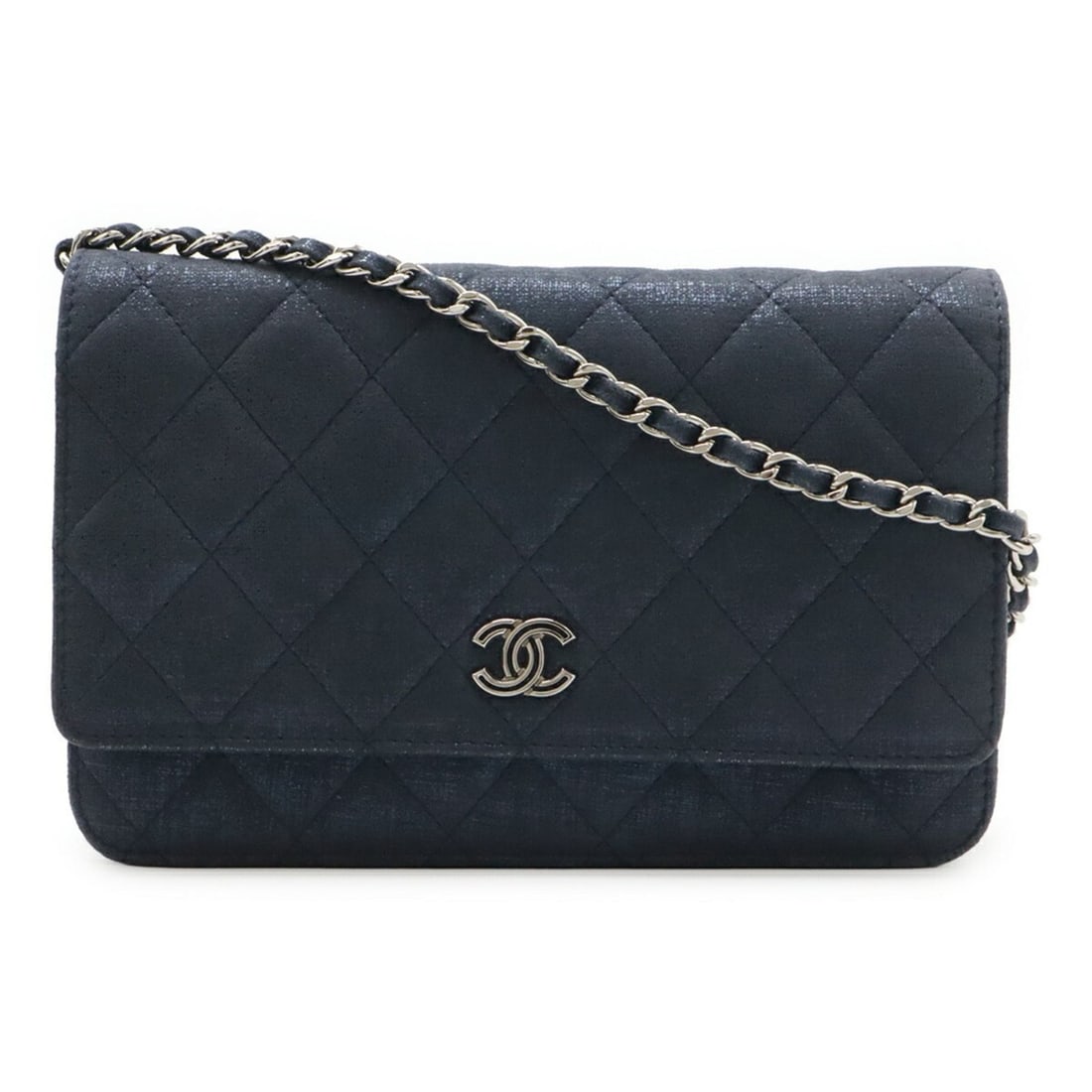 CHANEL Matelassé Wallet Chain Shoulder Bag Pouch Sparkle Leather Navy: --- Catalog ---Category: SizeSize (HxWxD): 13cm x 19cm x 3.5cm / 5.11'' x 7.48'' x 1.37''Category: DesignType: Pochette, Shoulder bagColor: NavyGender: WomenMaterial: Leather Hardware Color: SilverCat