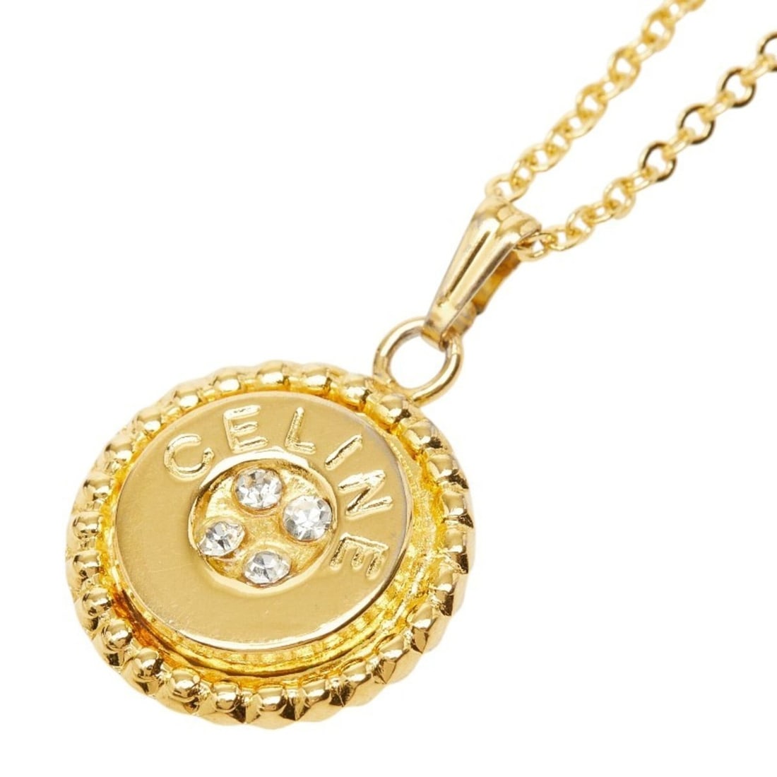 Celine Logo Chain Pendant Necklace, Gold Plated, Rhinestones, Women's CELINE: --- Catalog ---Category: SizePendant Size: 21mm x 17mm / 0.82'' x 0.66''Neck Circumference: 42 cm / 16.53''Category: DesignGender: WomenMaterial: Gold plating, RhinestonePendant Type: PendantNecklace 