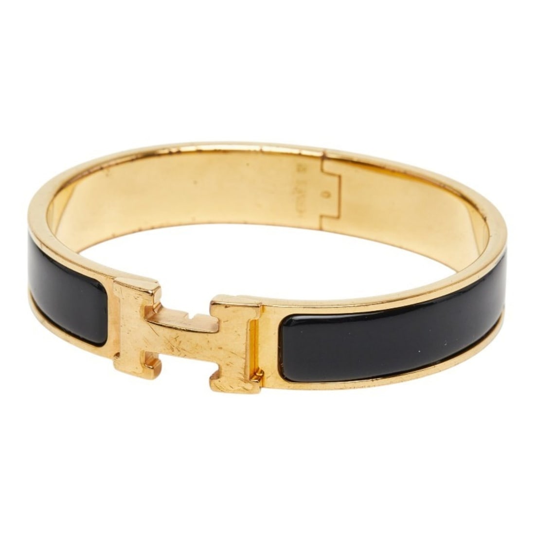 Hermes Click H PM Bangle, Gold and Black Plated, Women's: --- Catalog ---Category: SizeWidth: 1.2cm / 0.47''Length: 15cm / 5.9''Total Length: 18cm / 7.08''Category: DesignType: BangleColor: Black, GoldGender: WomenCategory: GeneralLine: ClicBrand: Hermes--- 