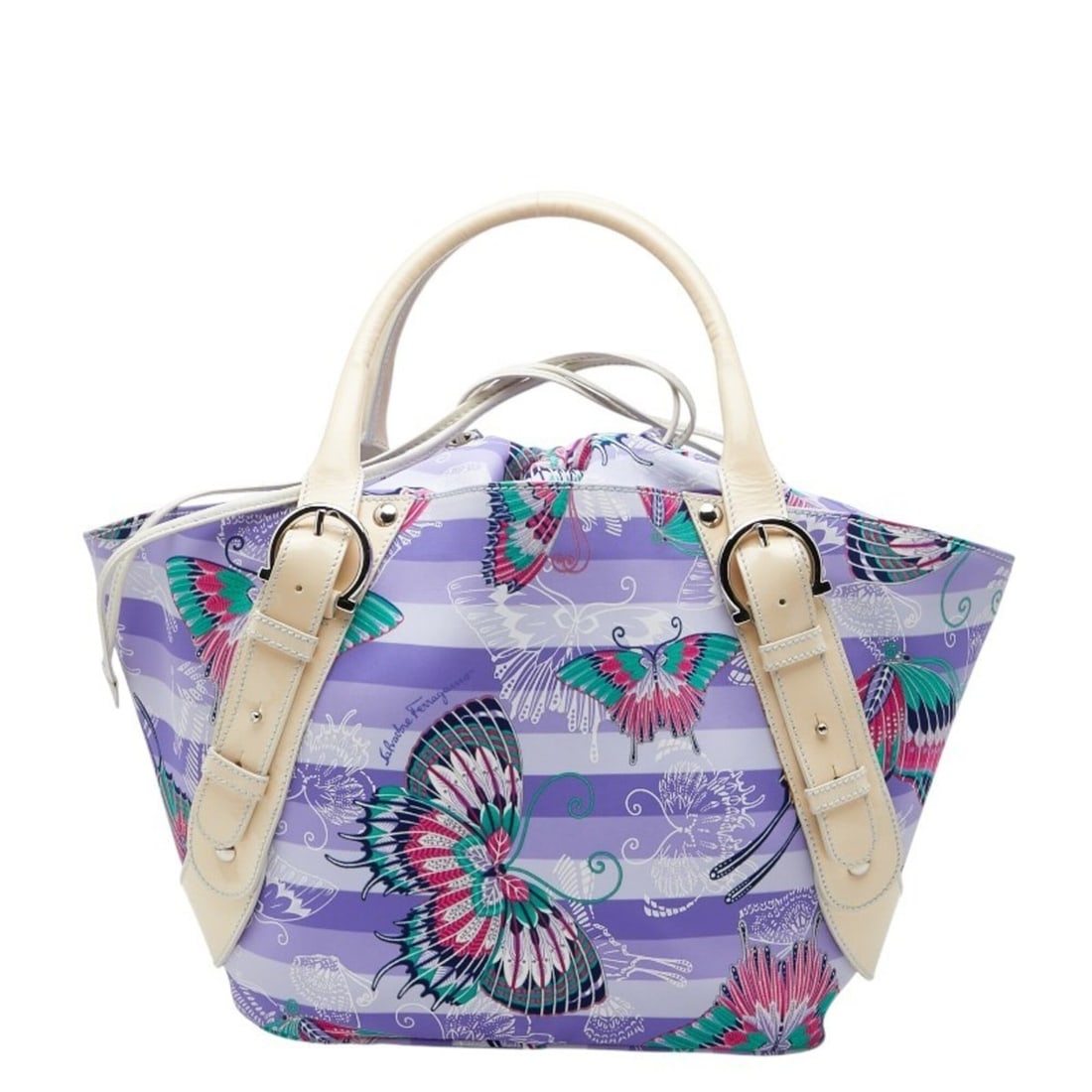 Salvatore Ferragamo Butterfly Tote Bag Handbag Purple Beige Nylon Patent Leather Women's: --- Catalog ---Category: SizeSize (HxWxD): 23cm x 25cm x 13.5cm / 9.05'' x 9.84'' x 5.31''Category: DesignType: Handbag, Tote bagColor: Beige, PurpleGender: WomenMaterial: Nylon , Patent leather Categ