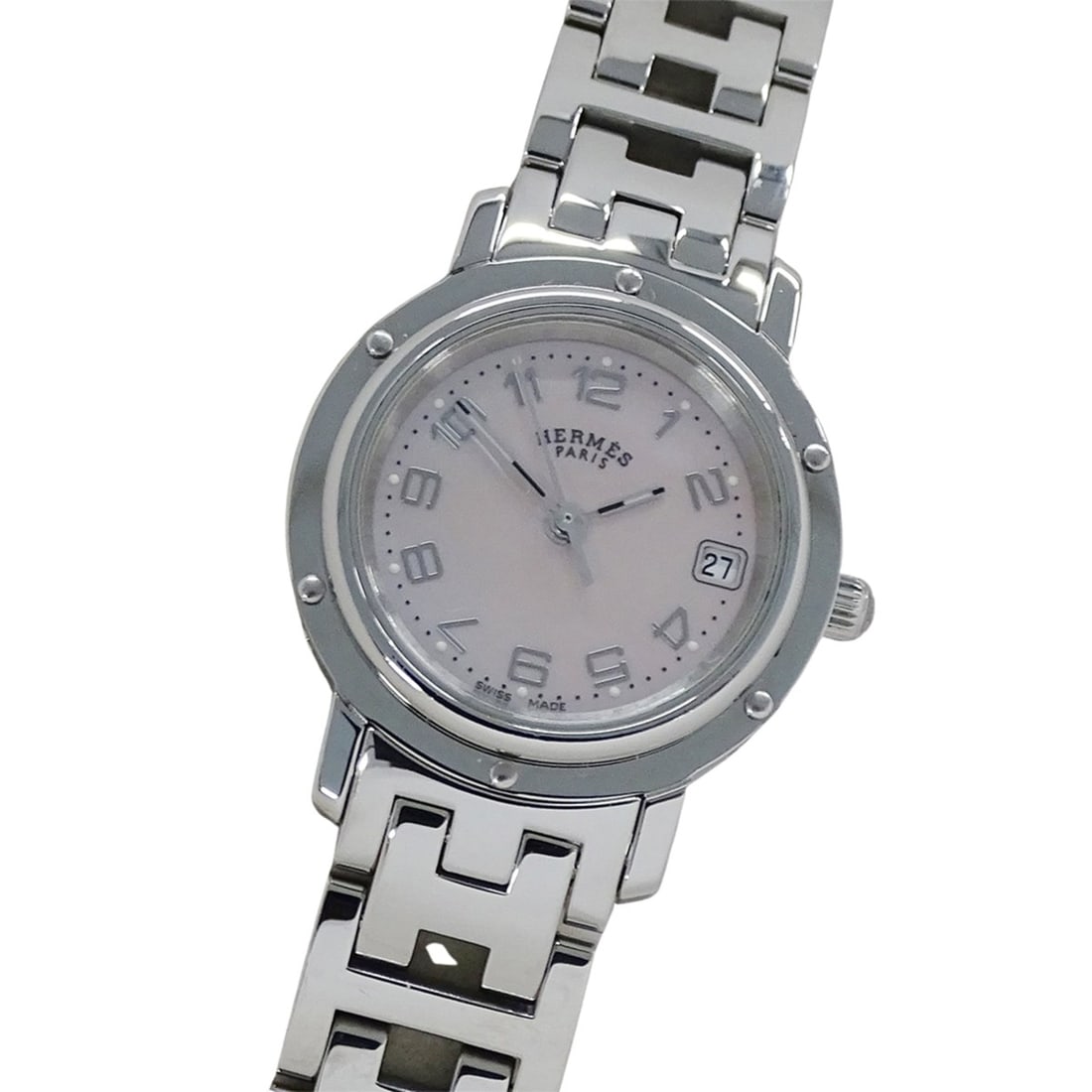 Hermes HERMES Women's Watch, Clipper, Pink Shell, Date, Quartz, Stainless Steel (SS), CL4.210,: --- Catalog ---Category: SizeWrist Size: 16cm / 6.29''Case Diameter: 24mm / 0.94''Category: DesignType: WristwatchGender: WomenColor (Dial): Pink shellMaterial (Band): Stainless steelMaterial (Case): 