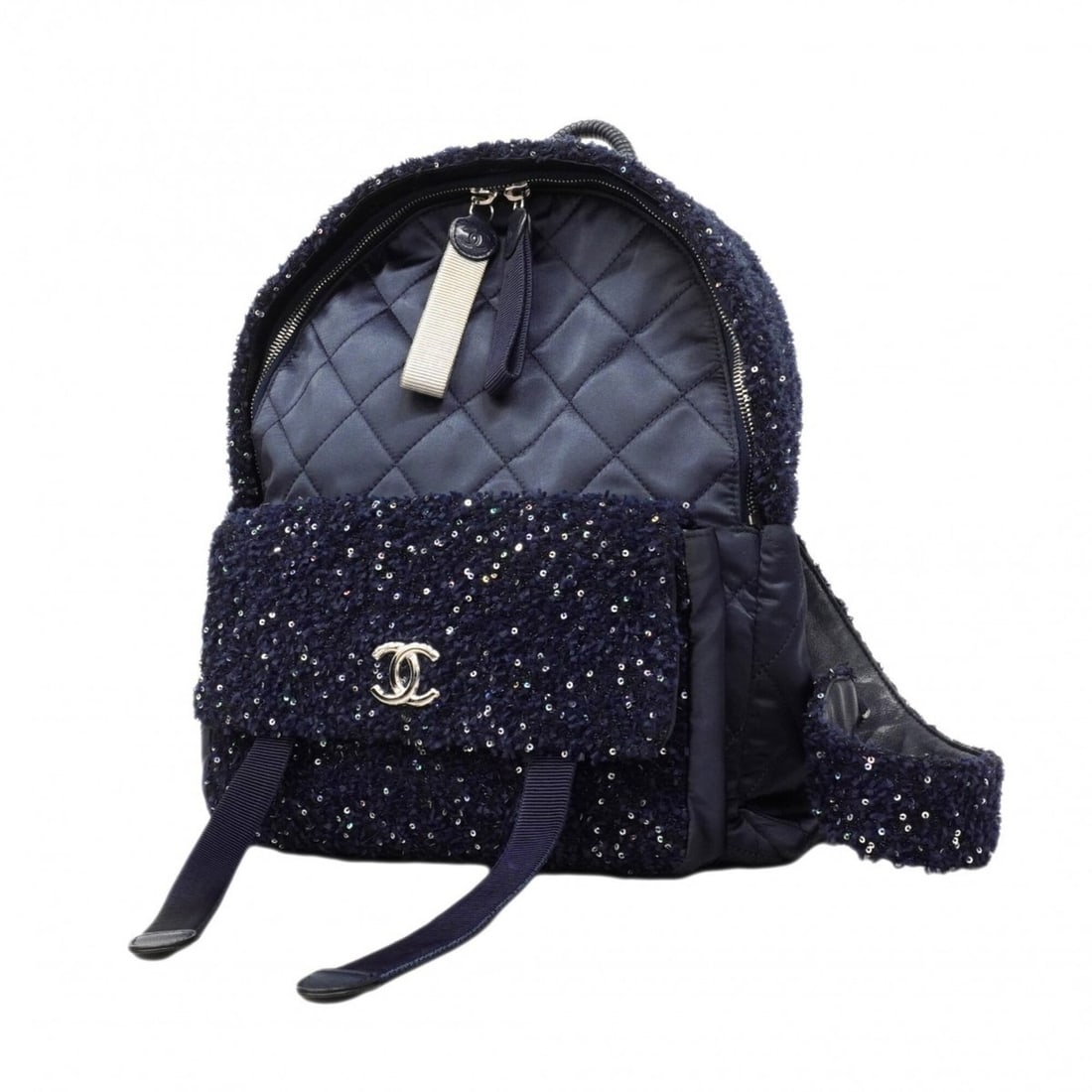 Chanel Matelassé Nylon Tweed Backpack/Daypack, Navy, Women's: --- Catalog ---Category: SizeSize (HxWxD): 33cm x 27.5cm x 11cm / 12.99'' x 10.82'' x 4.33''Category: DesignType: BackpackColor: NavyGender: WomenMaterial: Nylon , Tweed Hardware Color: SilverCategory