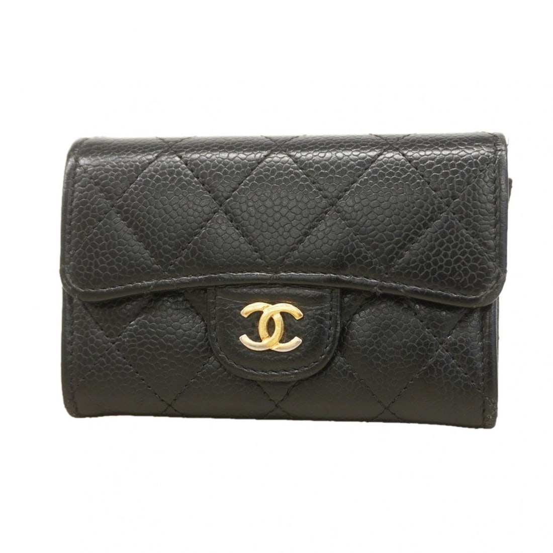 Chanel business card holder/card case, Matelassé caviar leather, black, for women.: --- Catalog ---Category: DesignType: Card caseColor: BlackGender: WomenMaterial: Grained Calfskin Category: GeneralBrand: ChanelCategory: Physical PropertiesSize (HxWxD): 7cm x 11cm x 2cm / 2.75'' x 4