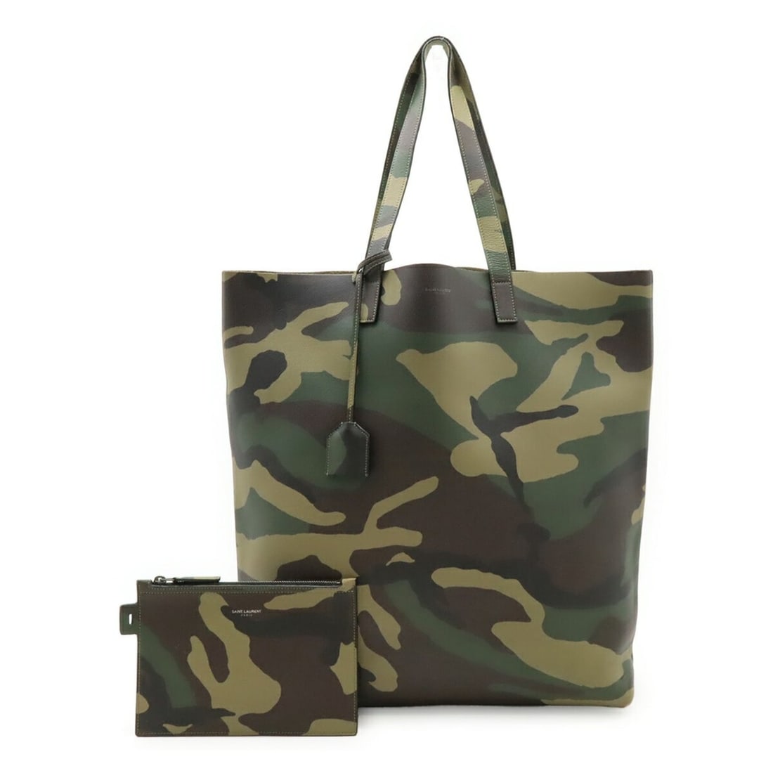 SAINT LAURENT PARIS YSL Yves Saint Laurent Tote Bag, Camouflage Leather, Khaki, 396906: --- Catalog ---Category: SizeSize (HxWxD): 39cm x 33.5cm x 13.5cm / 15.35'' x 13.18'' x 5.31''Category: DesignType: Pouch, Tote bagColor: Camouflage, KhakiGender: WomenMaterial: Leather Category: Gene