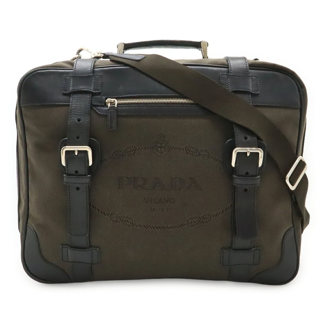 PRADA Jacquard Shoulder Bag, Tote Handbag, Canvas and Leather, Brown, Black (NERO): --- Catalog ---Category: SizeSize (HxWxD): 34cm x 42cm x 17cm / 13.38'' x 16.53'' x 6.69''Category: DesignType: Handbag, Shoulder bag, Tote bagColor: Black, Brown, NeroGender: Men,WomenMaterial: Canva