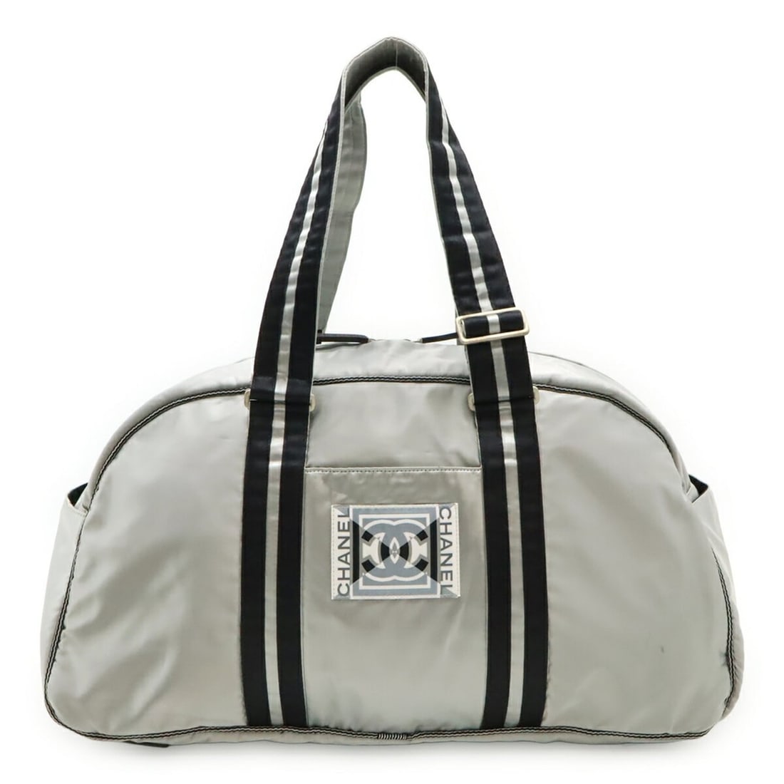 CHANEL Sport Line Coco Mark Boston Bag, Handbag, Travel Nylon, Silver, Black, A31752: --- Catalog ---Category: SizeSize (HxWxD): 25.5cm x 47cm x 20cm / 10.03'' x 18.5'' x 7.87''Category: DesignType: Boston bag, HandbagColor: Black, SilverGender: Women,MenMaterial: Nylon Category: Gener