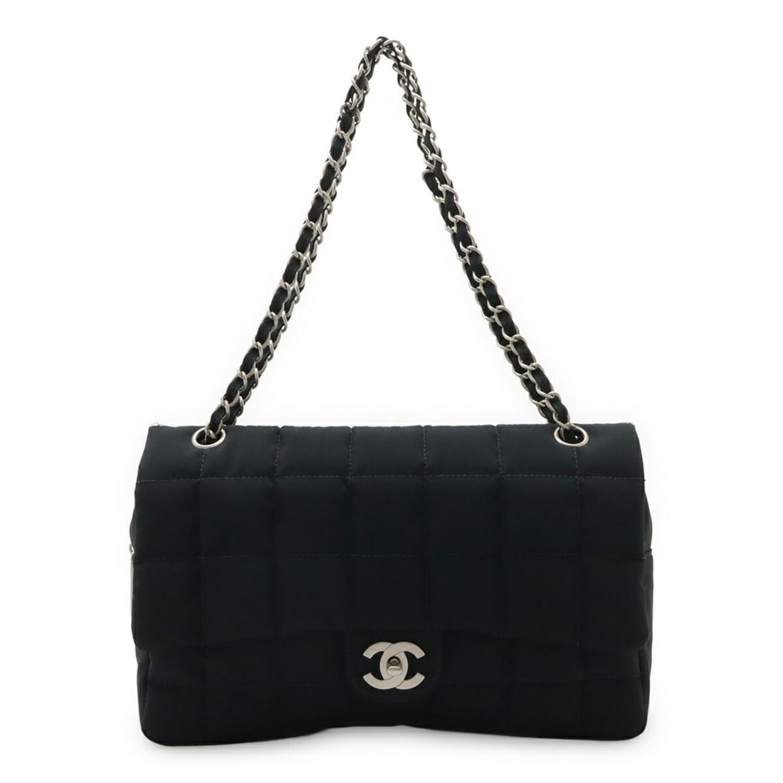 CHANEL Chocolate Bar Coco Mark Chain Shoulder Bag, Quilted Nylon, Black, A20203: --- Catalog ---Category: SizeSize (HxWxD): 20cm x 29cm x 6cm / 7.87'' x 11.41'' x 2.36''Category: DesignType: Shoulder bagColor: BlackGender: Women,MenMaterial: Nylon Category: GeneralMPN: A20203Brand
