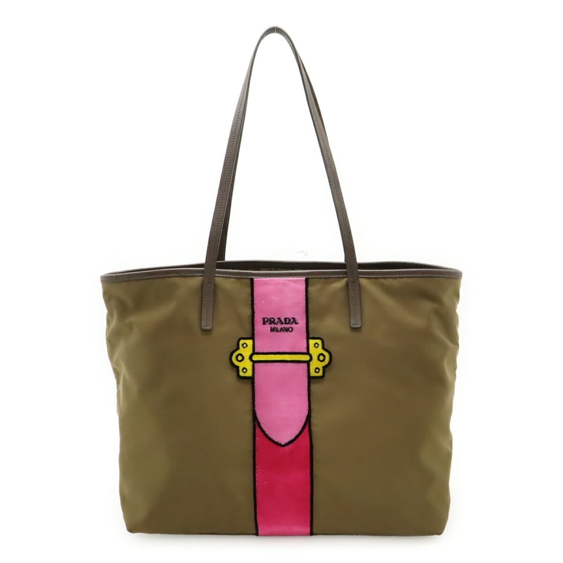 PRADA Velour Belt Motif Tote Bag Shoulder Nylon Leather Khaki Pink 1BG065: --- Catalog ---Category: SizeSize (HxWxD): 30cm x 42cm x 16cm / 11.81'' x 16.53'' x 6.29''Category: DesignType: Shoulder bag, Tote bagColor: Khaki, PinkGender: Women,MenMaterial: Nylon , Leather Categ