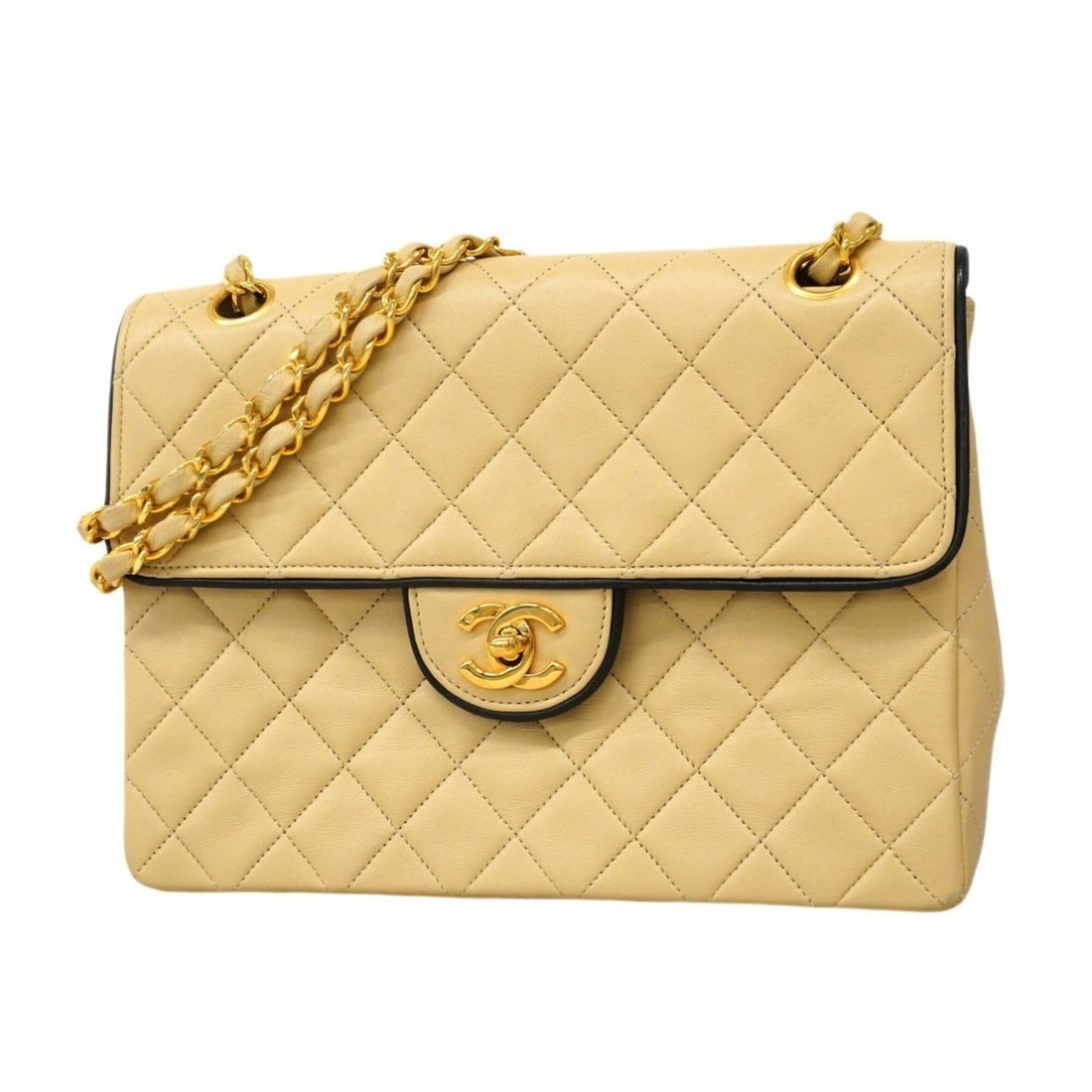 Chanel Matelassé Shoulder Bag with Double Chain, Lambskin, Beige/Black, Women's (1 of 13)