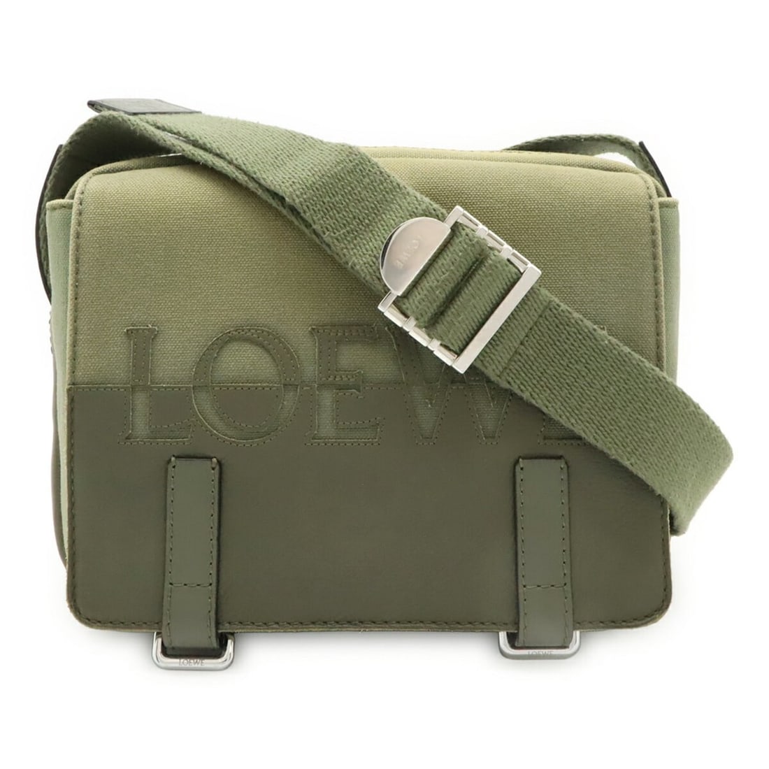 LOEWE Military Bag XS Shoulder Bag, Canvas and Leather, Khaki Green, B314A72X01: --- Catalog ---Category: SizeSize (HxWxD): 17cm x 23.5cm x 8cm / 6.69'' x 9.25'' x 3.14''Category: DesignType: Messenger bag, Shoulder bagColor: Green, KhakiGender: Men,WomenMaterial: Canvas , Leather