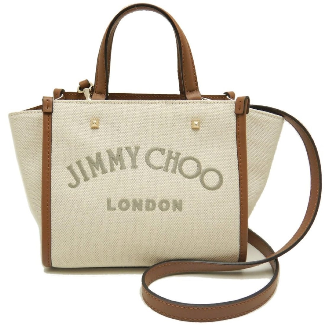 JIMMY CHOO Varenne Avenue Tote Bag, Cotton Canvas x Calfskin, Ivory Brown, Women's, 253777: --- Catalog ---Category: SizeSize (HxWxD): 16cm x 20cm x 11cm / 6.29'' x 7.87'' x 4.33''Strap Length: 98cm - 108cm / 38.58'' - 42.51''Category: DesignType: Tote bagColor: Brown, IvoryGender: WomenClos