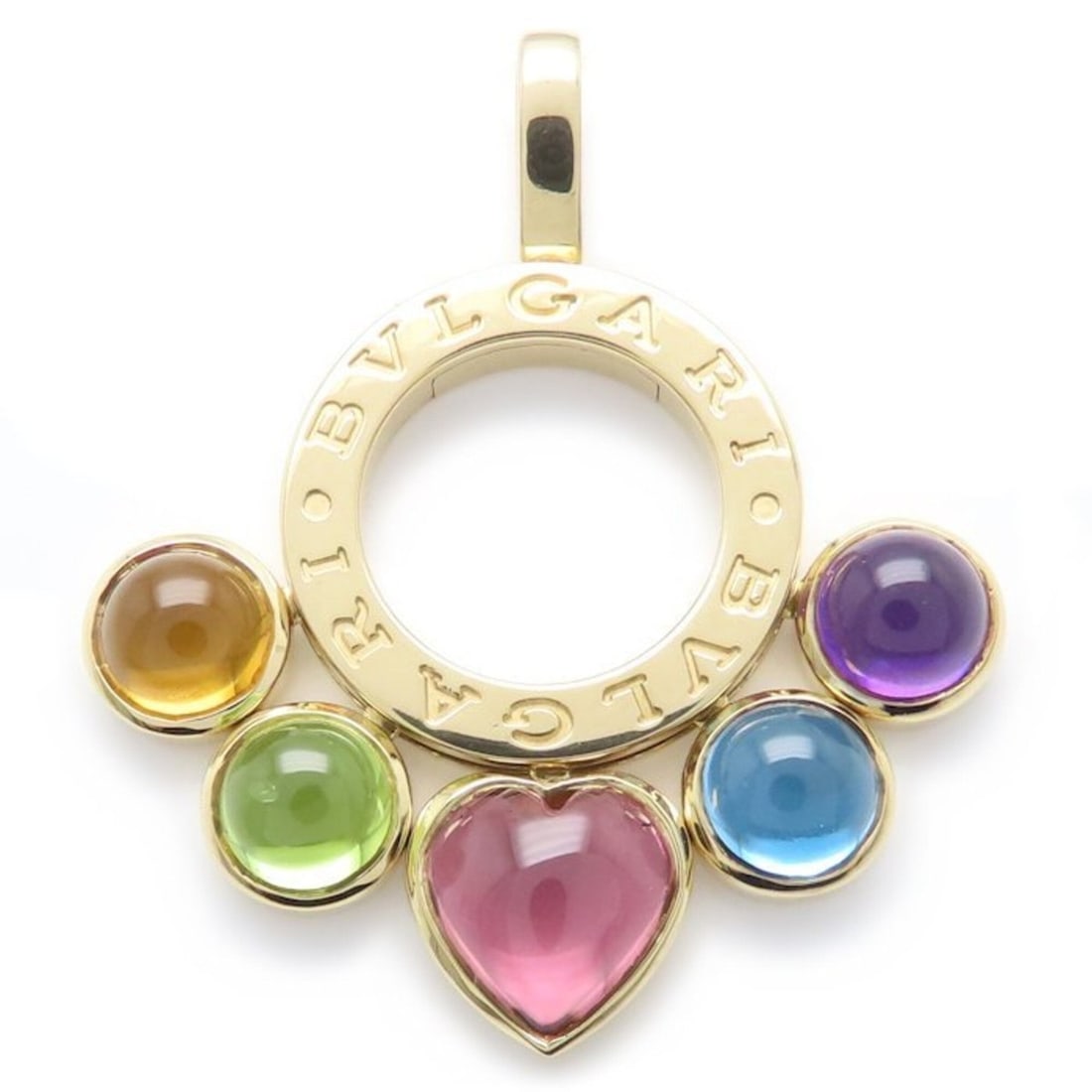 BVLGARI Allegra Pendant Top with Amethyst, Topaz, Tourmaline, and Peridot in 18K Yellow Gold: --- Catalog ---Category: SizeWeight: 9.7g / 0.34oz.Pendant Size: 28.2mm x 31.8mm / 1.11'' x 1.25''Category: DesignStone: Amethyst, Peridot, Topaz, TourmalineGender: WomenMaterial: Yellow gold