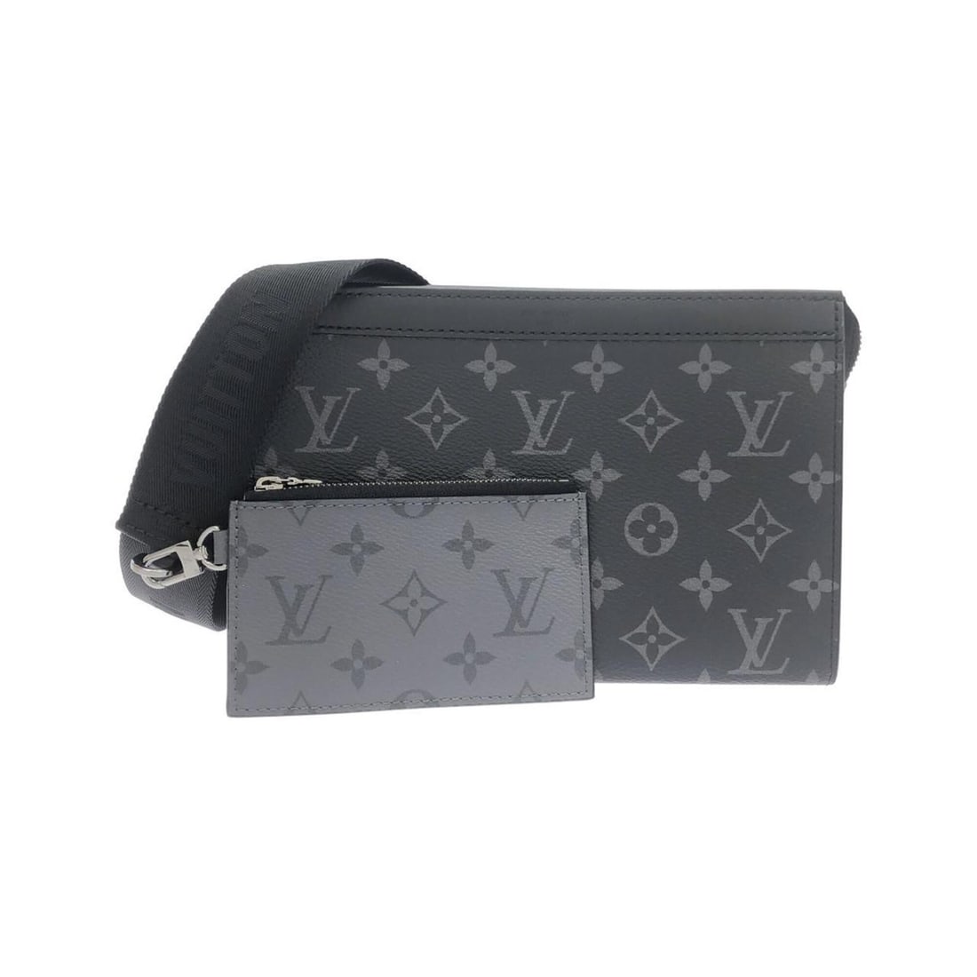 Louis Vuitton Monogram Eclipse Reverse Gaston Wearable Wallet M81124 Shoulder Bag: --- Catalog ---Category: SizeSize (HxWxD): 15cm x 22cm x 5.5cm / 5.9'' x 8.66'' x 2.16''Category: DesignType: Pouch, Shoulder bagColor: Black, GrisGender: WomenMaterial: Coated canvas Category: