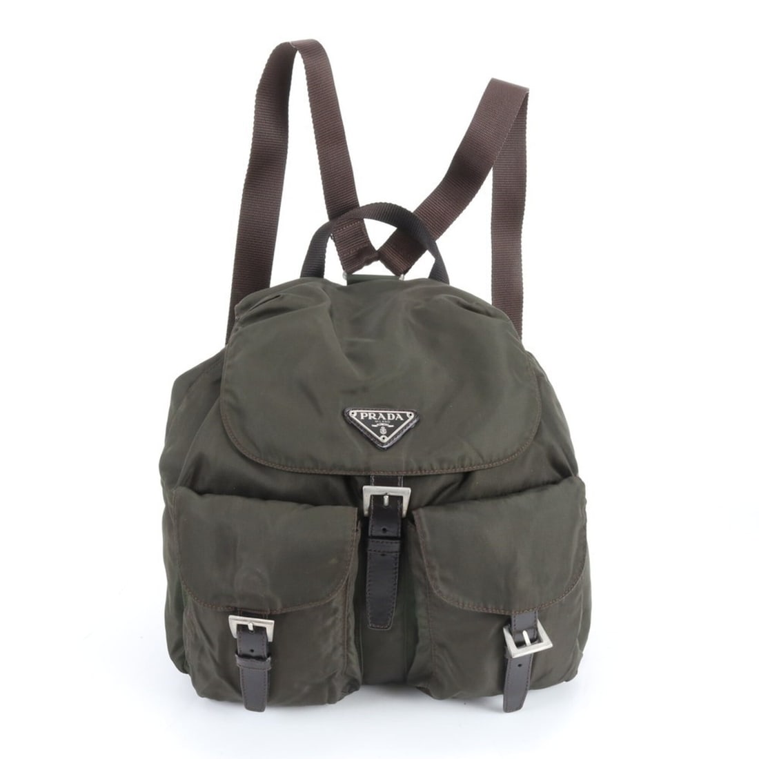 Prada Tessuto Nylon Triangle Logo Leather Backpack, Rucksack, Handbag for Women: --- Catalog ---Category: SizeSize (HxWxD): 26cm x 30cm x 15cm / 10.23'' x 11.81'' x 5.9''Category: DesignType: Backpack, HandbagColor: Brown, Green, KhakiGender: WomenMaterial: Nylon , Leather Categor
