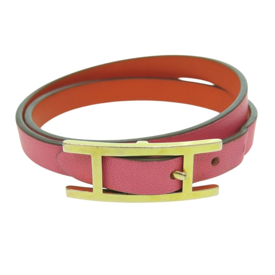 Hermes Be Api Double Tour Veau Swift Rose Azalee Orange Poppy Pink Strand Bracelet 0774HERMES: --- Catalog ---Category: SizeTotal Length: 40.5cm / 15.94''Category: DesignType: Charm braceletColor: Gold, Orange poppy, Pink, Rose azaleeGender: WomenMaterial: Swift leatherCategory: GeneralBrand: H