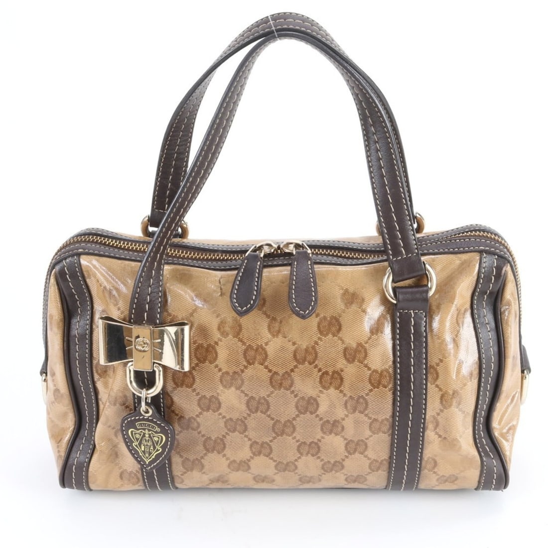 Gucci GG Crystal Duchess Ribbon Motif Leather Tote Bag, Handbag, Shoulder Women's (181487): --- Catalog ---Category: SizeSize (HxWxD): 17cm x 30cm x 9cm / 6.69'' x 11.81'' x 3.54''Category: DesignType: Handbag, Tote bagColor: BrownGender: WomenMaterial: Leather , Coated canvas Category: Gene
