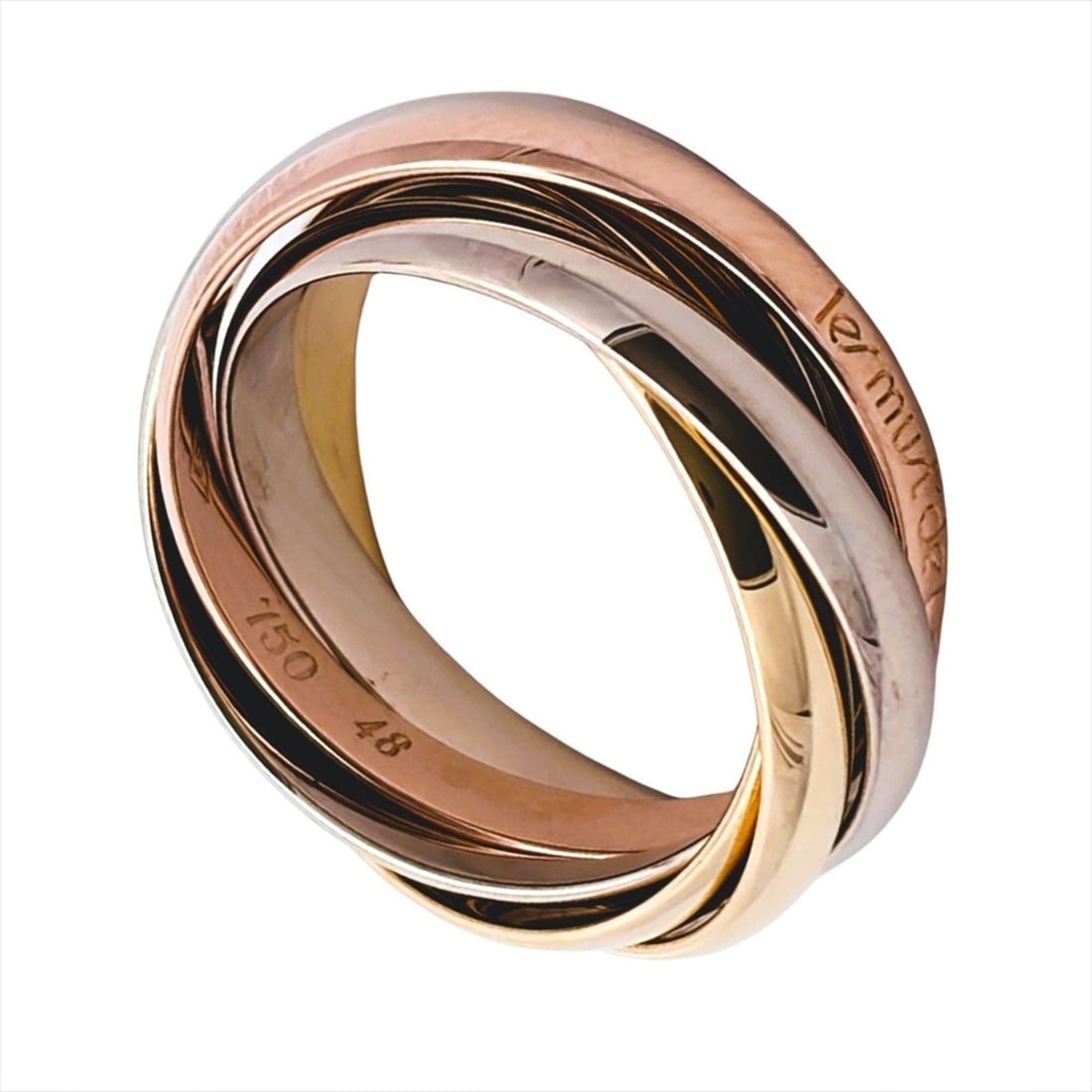 Cartier Trinity Five-Row Ring, Size #48, 18K Yellow Gold (7.5g), Pink (18K White Gold), Three-Color: --- Catalog ---Category: SizeUS Size: 4.5Brand Size: 48Category: DesignType: Band ringGender: WomenMaterial: Pink gold (18K), White gold (18K), Yellow gold (18K)Category: GeneralBrand: Cartier--- Item
