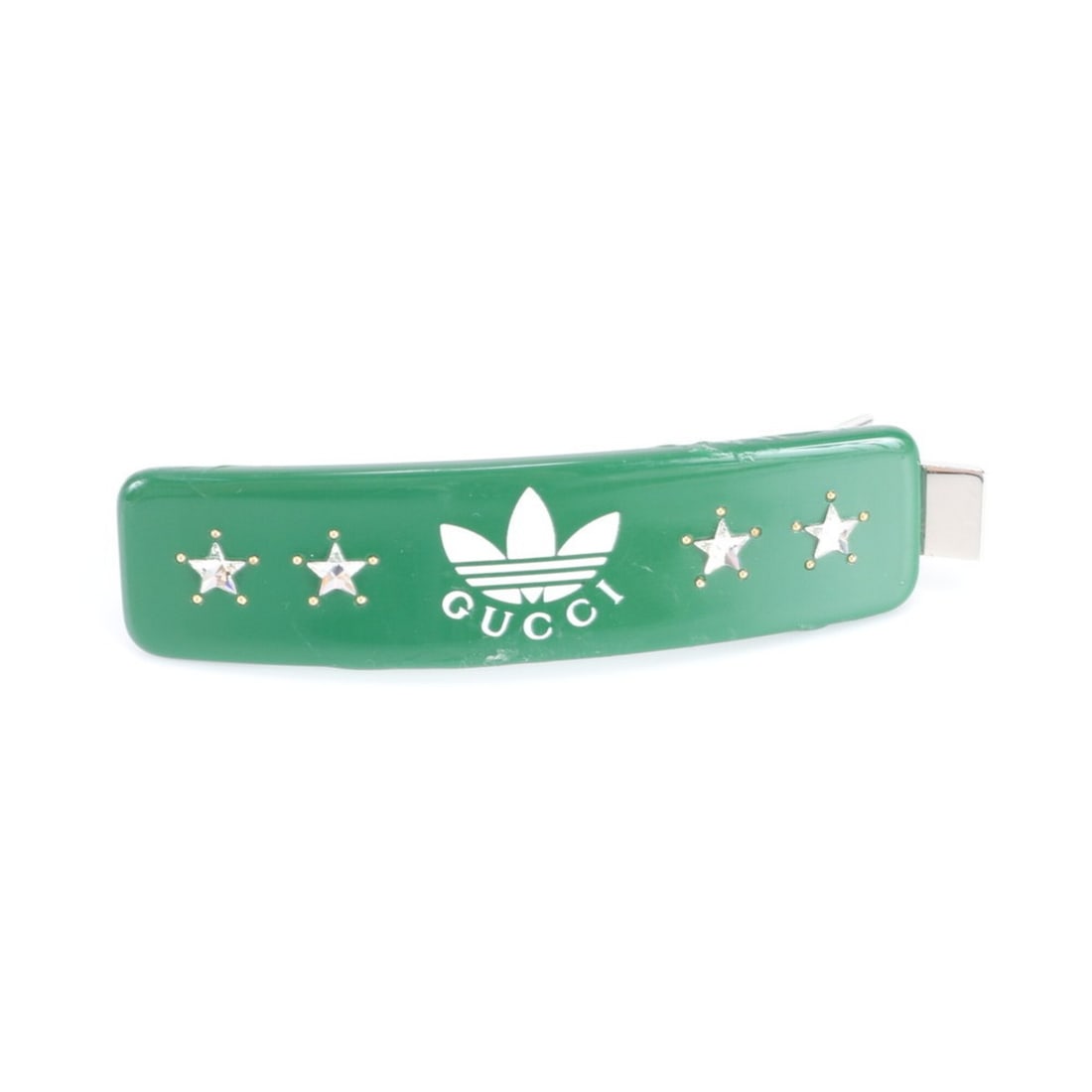 Gucci x Adidas Collaboration Star Rhinestone Barrette Hair Clip Accessory Fashion Women's: --- Catalog ---Category: DesignType: BarretteColor: Green, Silver, WhiteGender: WomenCategory: GeneralBrand: GucciCountry of Origin: Italy--- Item List ---Section: ConditionRanking: Rank B Used - Trac