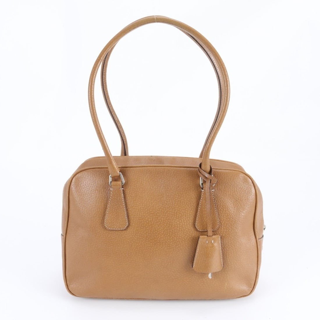 Prada Triangle Logo Leather Handbag Mini Boston Tote Bag for Women: --- Catalog ---Category: SizeSize (HxWxD): 20cm x 30cm x 12cm / 7.87'' x 11.81'' x 4.72''Category: DesignType: Handbag, Tote bagColor: BeigeGender: WomenMaterial: Leather Category: GeneralBrand: Prada
