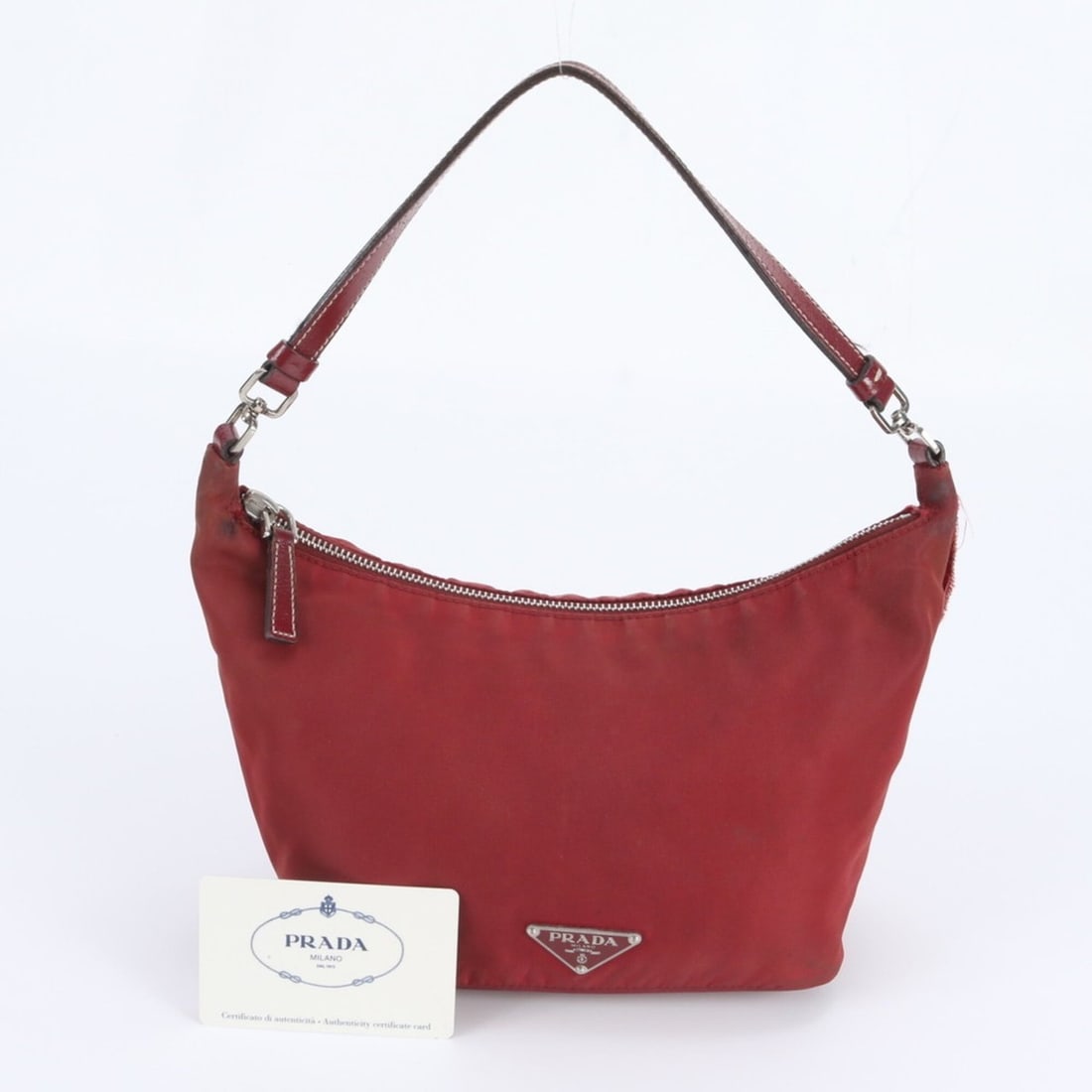 Prada Tessuto Nylon Triangle Logo Shoulder Bag (BR1269) with Guarantee Card - Women's: --- Catalog ---Category: SizeSize (HxWxD): 16cm x 19cm x 10cm / 6.29'' x 7.48'' x 3.93''Category: DesignType: Shoulder bagColor: Red colorGender: WomenMaterial: Nylon , Leather Category: GeneralMPN: B