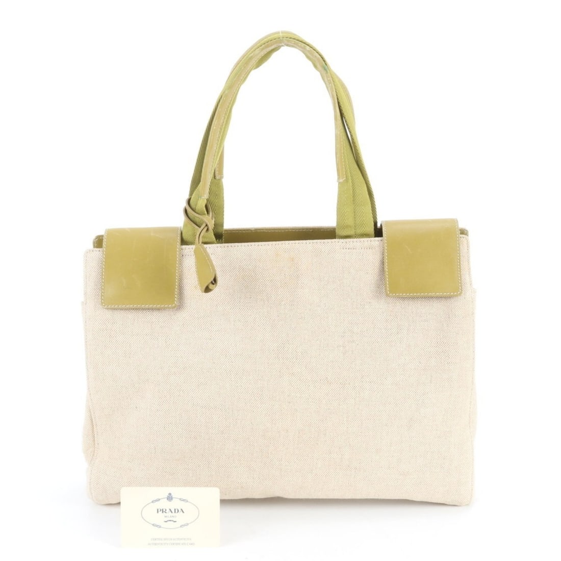 Prada Triangle Logo Leather Tote Bag B8947 with Guarantee Card - Handbag/Shoulder for Women: --- Catalog ---Category: SizeSize (HxWxD): 27cm x 37cm x 9cm / 10.62'' x 14.56'' x 3.54''Category: DesignType: Handbag, Tote bagColor: Beige, GreenGender: WomenMaterial: Canvas , Leather Category: Gen