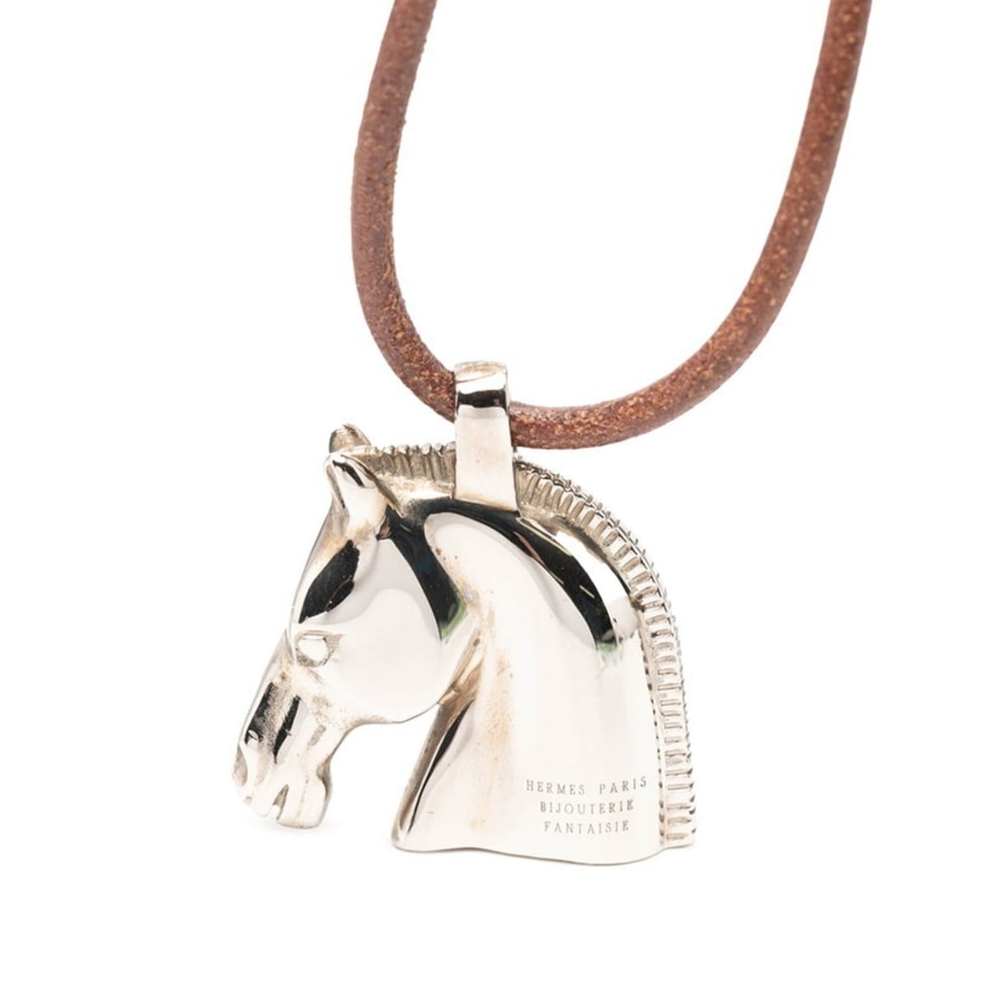 Hermes Cheval Horse Necklace, Silver and Brown Metal Leather, Women's: --- Catalog ---Category: SizePendant Size: 30mm x 33.8mm / 1.18'' x 1.33''Neck Circumference: 62 cm / 24.4''Category: DesignColor: Brown, SilverGender: WomenMaterial: Leather, MetalNecklace Type: Neck