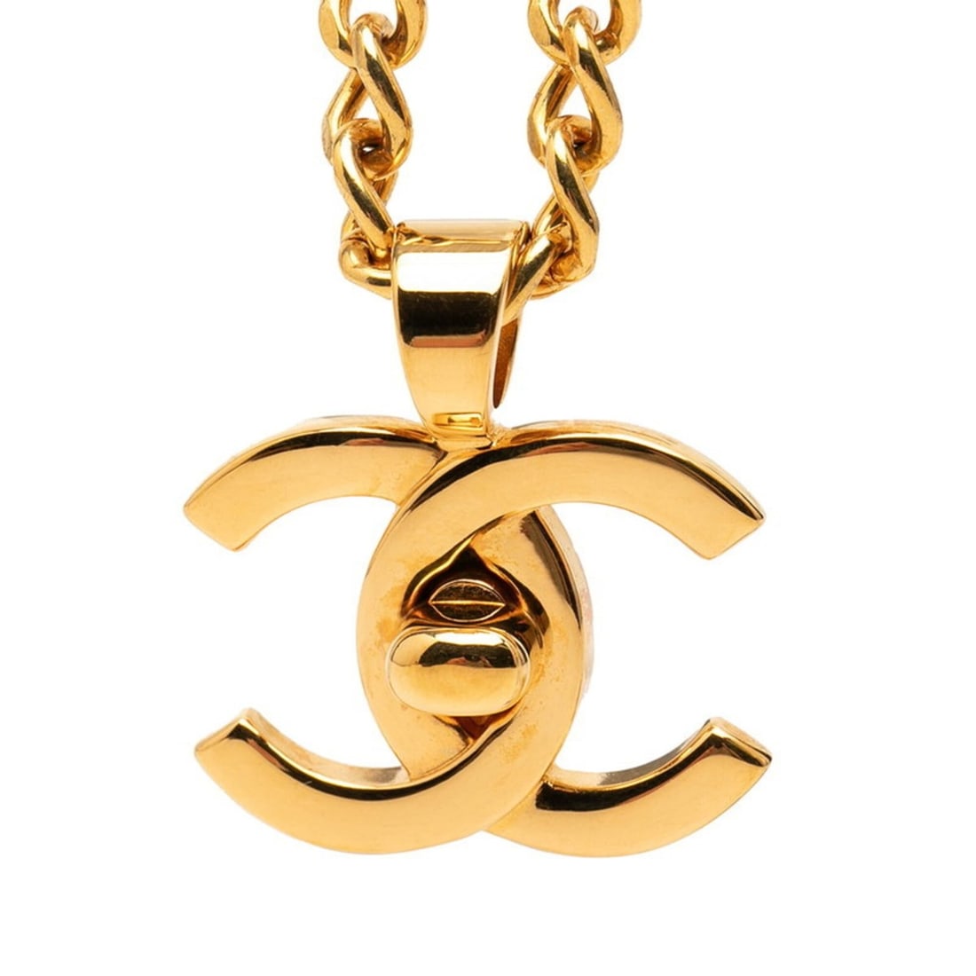 Chanel Coco Mark Turnlock Motif Necklace, Gold Plated, Women's.: --- Catalog ---Category: SizePendant Size: 28.8mm x 37.6mm / 1.13'' x 1.48''Neck Circumference: 53 cm / 20.86''Category: DesignColor: GoldGender: WomenMaterial: Gold platingNecklace Type: NecklaceCate