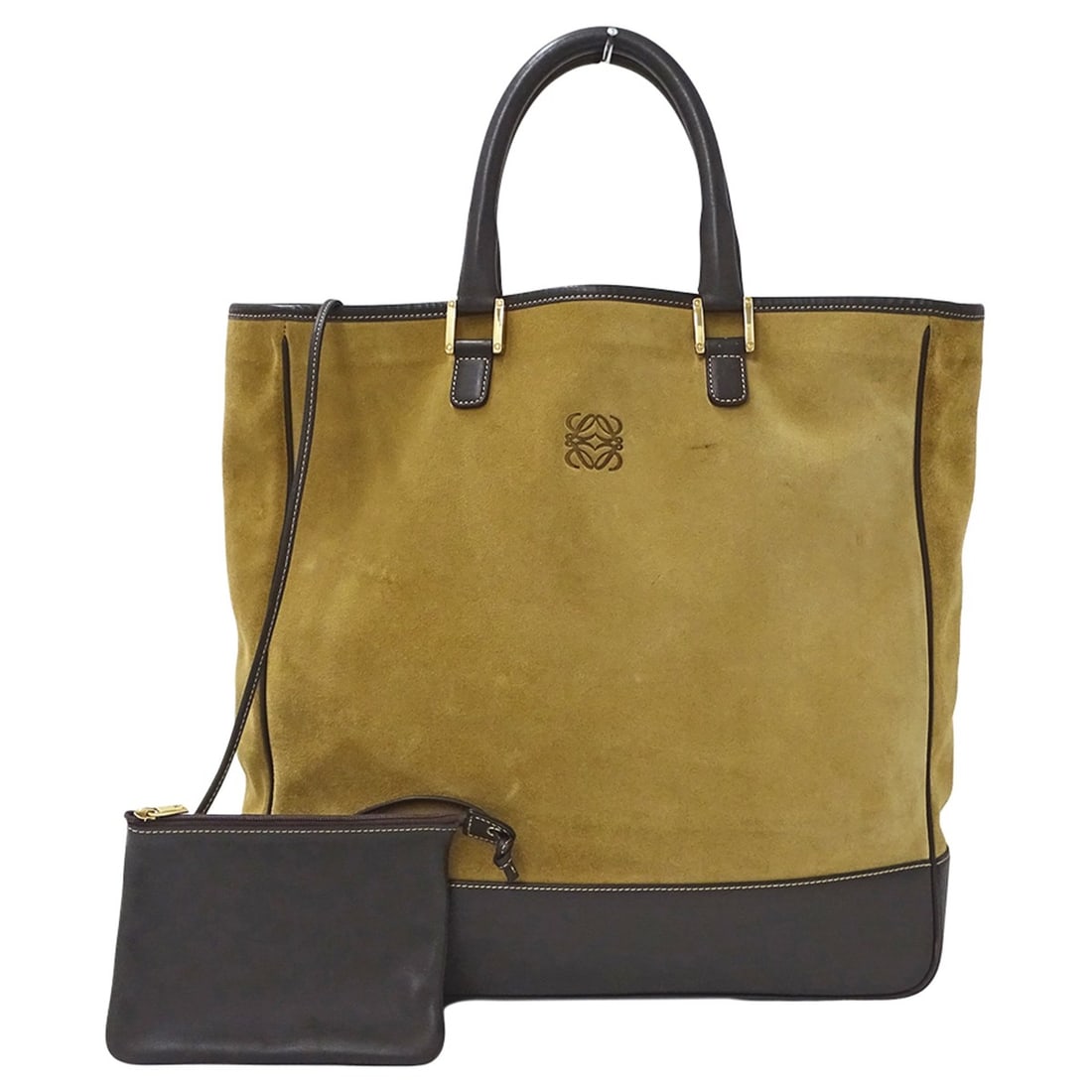 Loewe handbag for women, brand name, tote bag, suede, beige, brown, with pouch.: --- Catalog ---Category: SizeSize (HxWxD): 36.5cm x 35cm x 10cm / 14.37'' x 13.77'' x 3.93''Category: DesignType: Handbag, Tote bagColor: Beige, BrownGender: WomenMaterial: Suede Category: GeneralBran