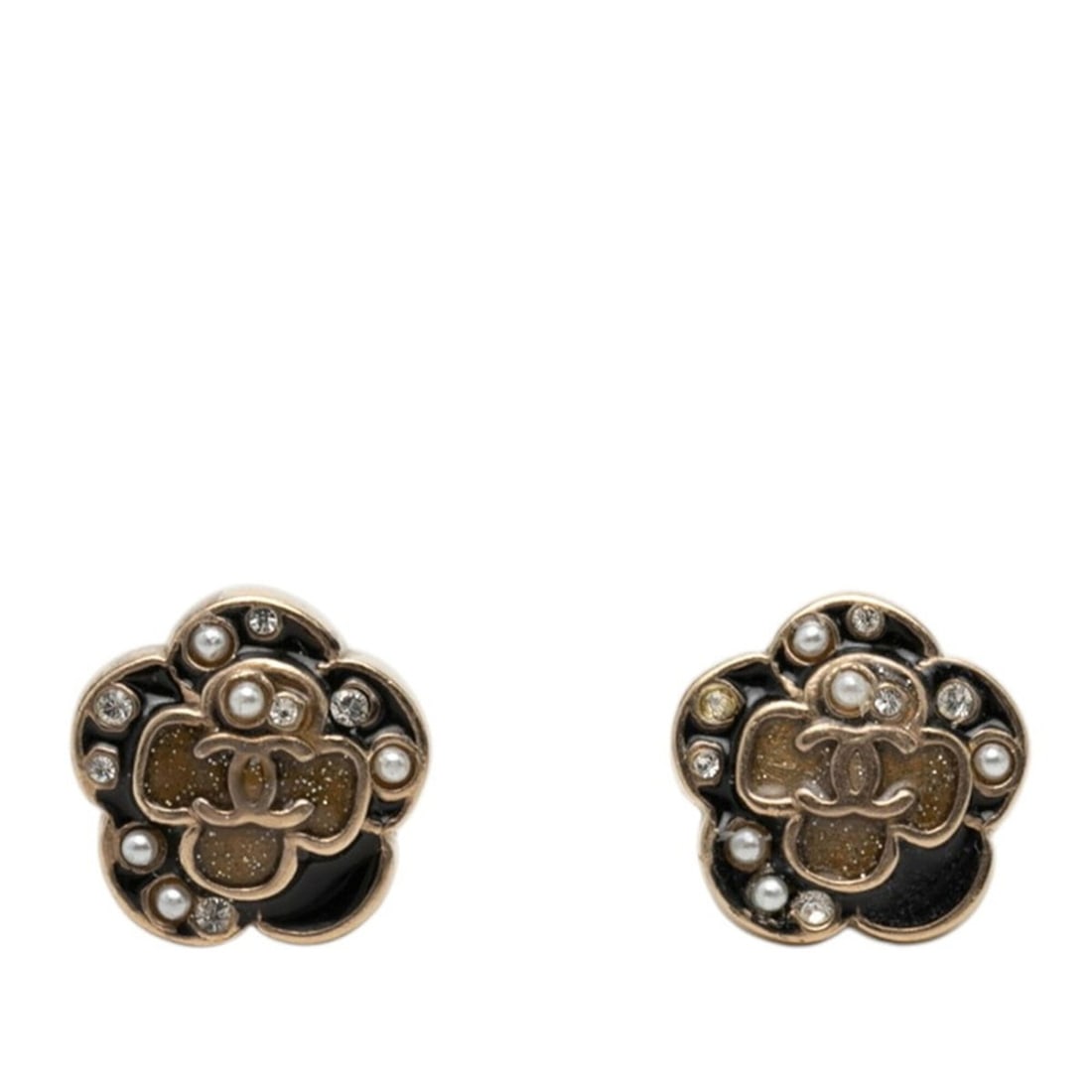 Chanel Camellia Coco Mark Pearl Earrings Gold Black Plated Rhinestone Women's CHANEL: --- Catalog ---Category: SizeSize (HxWxD): 15.00mm x 14.70mm / 0.59'' x 0.58''Category: DesignType: Stud earringsColor: Black, GoldGender: WomenMaterial: RhinestoneCategory: GeneralBrand: Chanel--- It