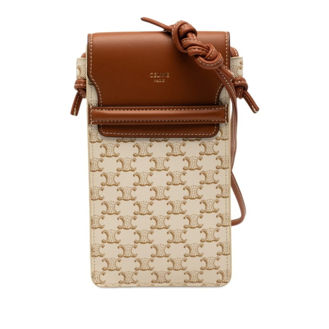 Celine Triomphe Shoulder Phone Pouch Mobile White Brown Leather Women's CELINE: --- Catalog ---Category: SizeSize (HxWxD): 18.5cm x 10cm x 2cm / 7.28'' x 3.93'' x 0.78''Category: DesignType: PouchColor: Brown, WhiteGender: WomenMaterial: PVC , Leather Category: GeneralBrand: