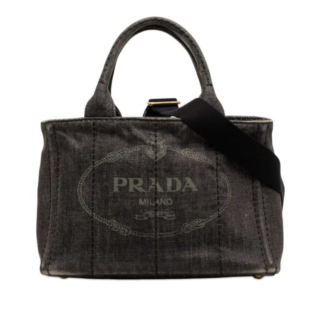 Prada Triangle Logo Plate Canapa Handbag Shoulder Bag 2-Way Black Gray Denim Women's PRADA: --- Catalog ---Category: SizeSize (HxWxD): 18.5cm x 28.5cm x 15.5cm / 7.28'' x 11.22'' x 6.1''Category: DesignType: Handbag, Shoulder bagColor: Black, GrayGender: WomenMaterial: Denim Category: Genera
