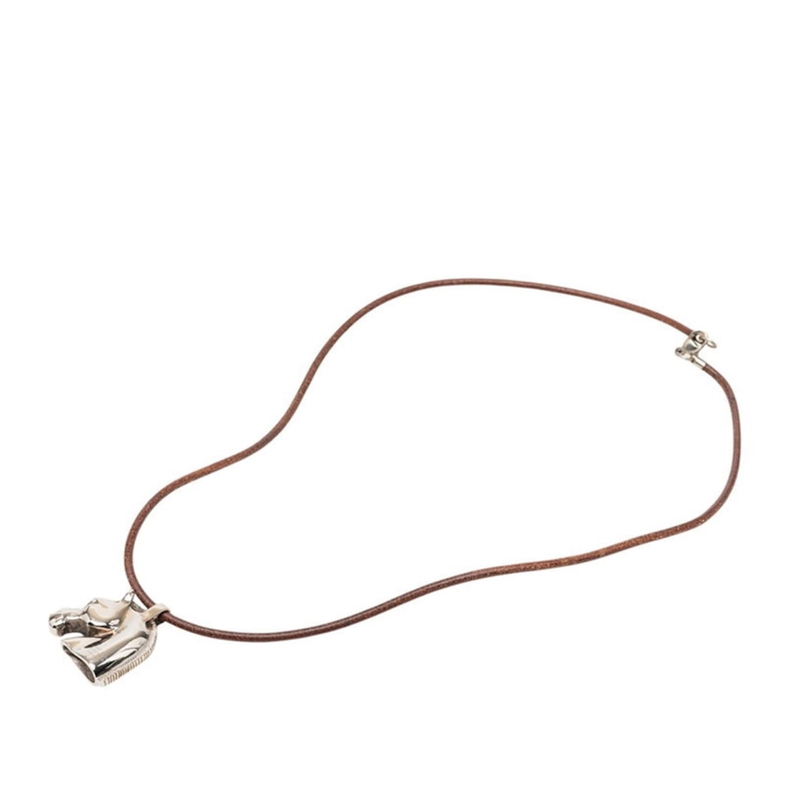 Hermes Cheval Horse motif necklace, silver and brown metal leather, for women.: --- Catalog ---Category: SizePendant Size: 36.8mm x 33.7mm / 1.44'' x 1.32''Neck Circumference: 62 cm / 24.4''Category: DesignColor: Brown, SilverGender: WomenMaterial: Leather, MetalNecklace Type: Ne