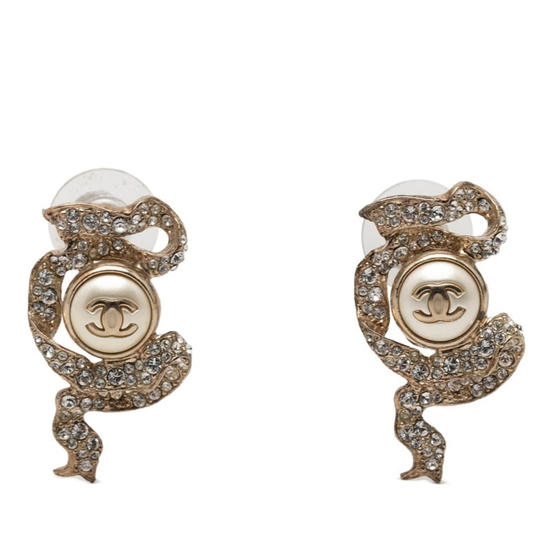 Chanel Coco Mark Pearl Ribbon Motif Earrings, 18C Gold Plated Rhinestones, Women's CHANEL: --- Catalog ---Category: SizeSize (HxWxD): 30.00mm x 16.70mm / 1.18'' x 0.66''Category: DesignType: Stud earringsColor: GoldGender: WomenMaterial: RhinestoneCategory: GeneralBrand: Chanel--- Item List
