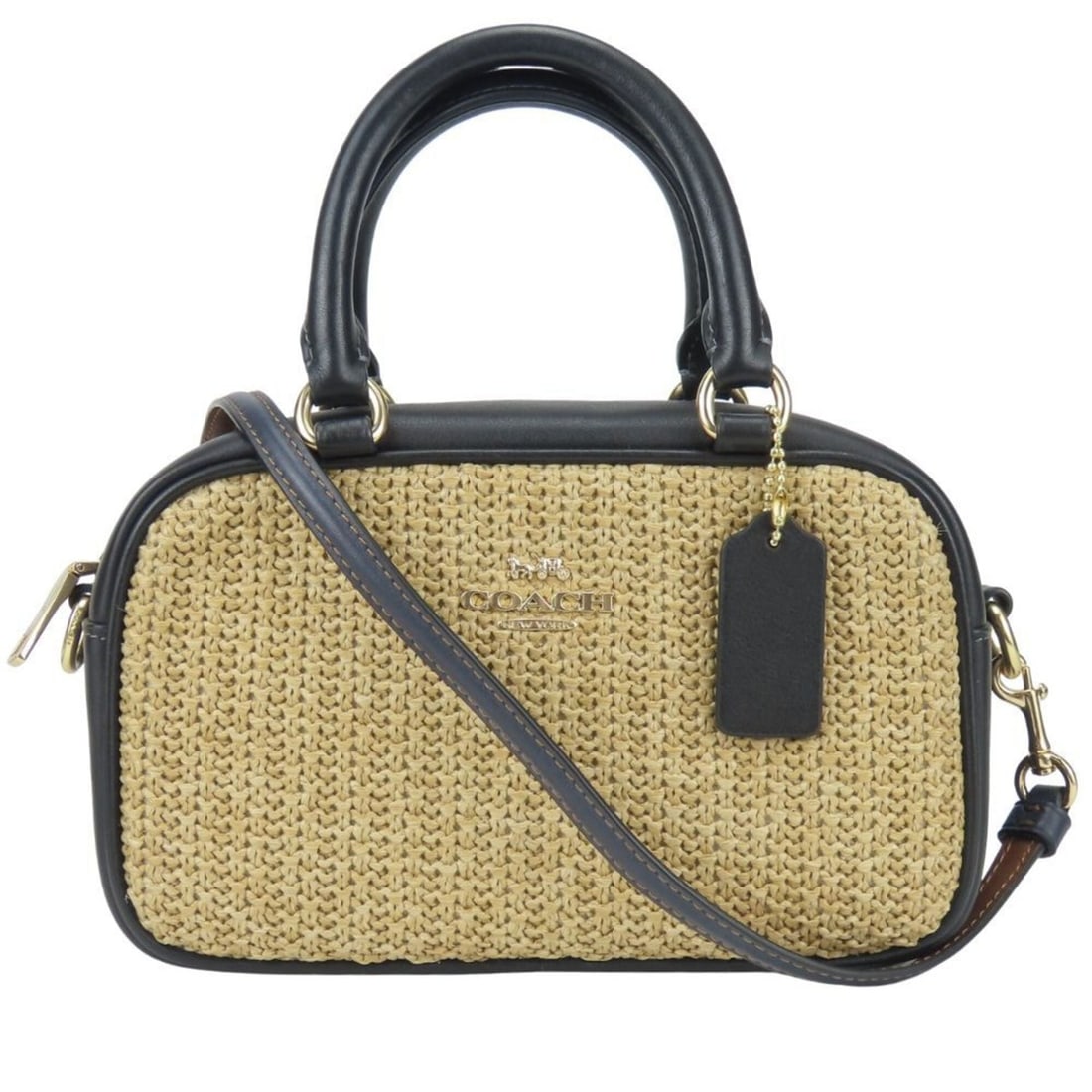Coach handbag, straw bag, CAK74, beige and black, 2-way mini shoulder for women.: --- Catalog ---Category: SizeSize (HxWxD): 12.5cm x 19.5cm x 7.5cm / 4.92'' x 7.67'' x 2.95''Category: DesignType: HandbagColor: Beige, BlackGender: WomenMaterial: Straw , Leather Category: GeneralMPN