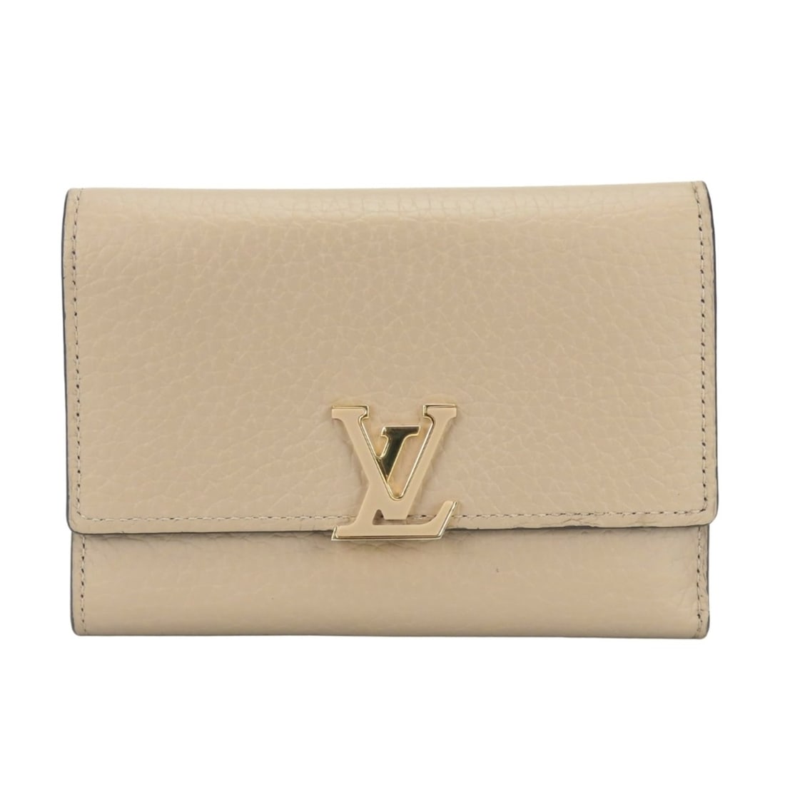 Louis Vuitton Tri-fold Wallet Portefeuille Capucines M62159 Compact Taurillon Leather Galet Greige: --- Catalog ---Category: SizeSize (HxWxD): 9.5cm x 13cm x 2cm / 3.74'' x 5.11'' x 0.78''Category: DesignType: Wallet (tri-fold)Color: GrayishGender: WomenMaterial: Leather Leather/Fur Type: Taurillon 