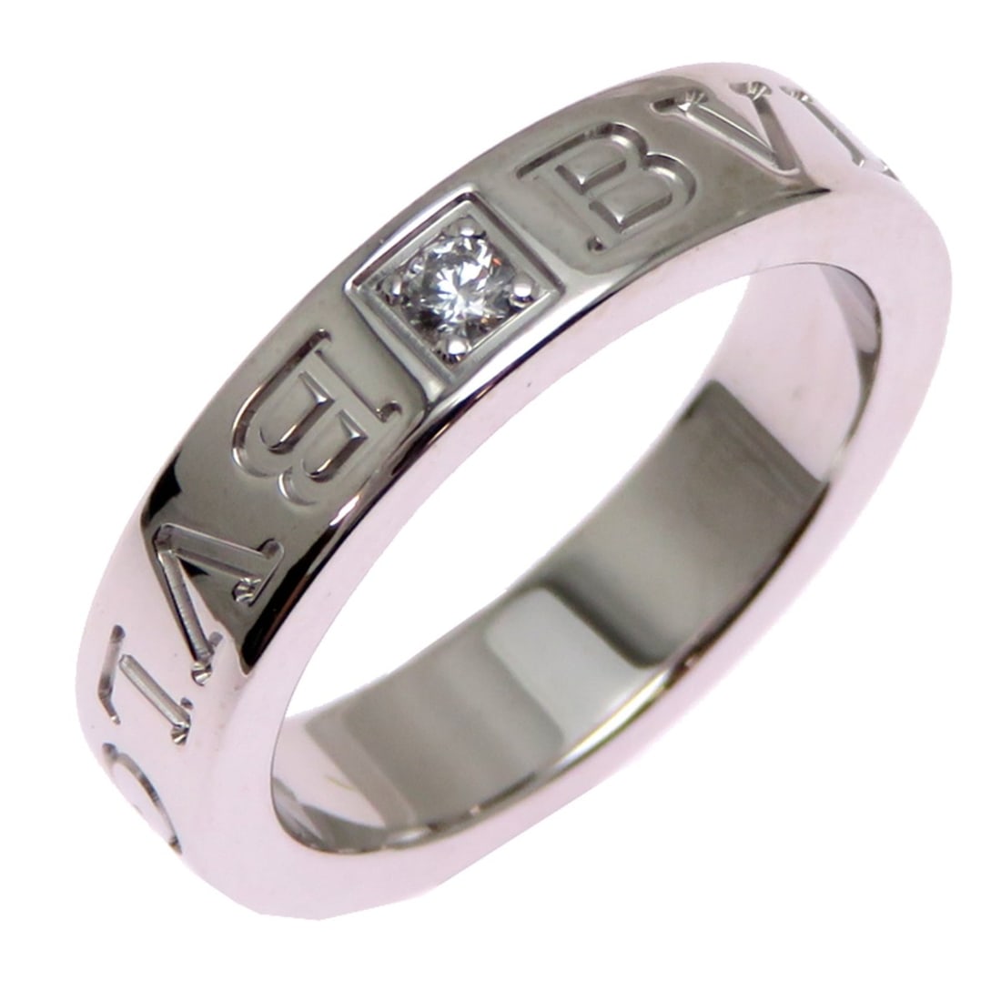 Bvlgari Diamond Double Logo Boys' Ring, 750 White Gold: --- Catalog ---Category: SizeJP Size: 7US Size: 4Category: DesignType: Band ringStone: DiamondGender: BoysMaterial: White gold (18K)Category: GeneralBrand: Bvlgari--- Item List ---Section: ConditionRa