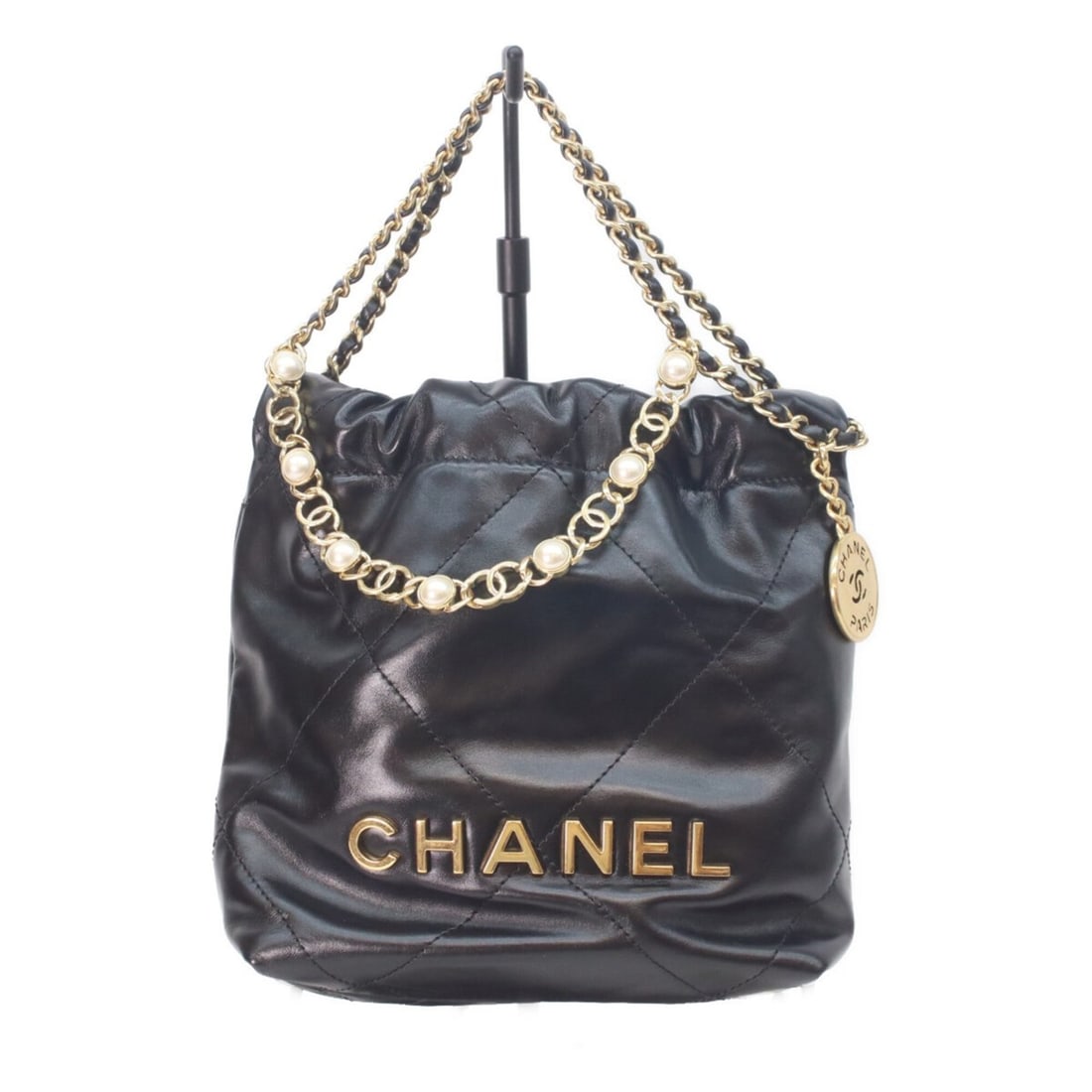CHANEL AS3980 Black Shiny Calfskin Chanel 22 Mini Pearl Chain Shoulder Bag for Women (1 of 17)
