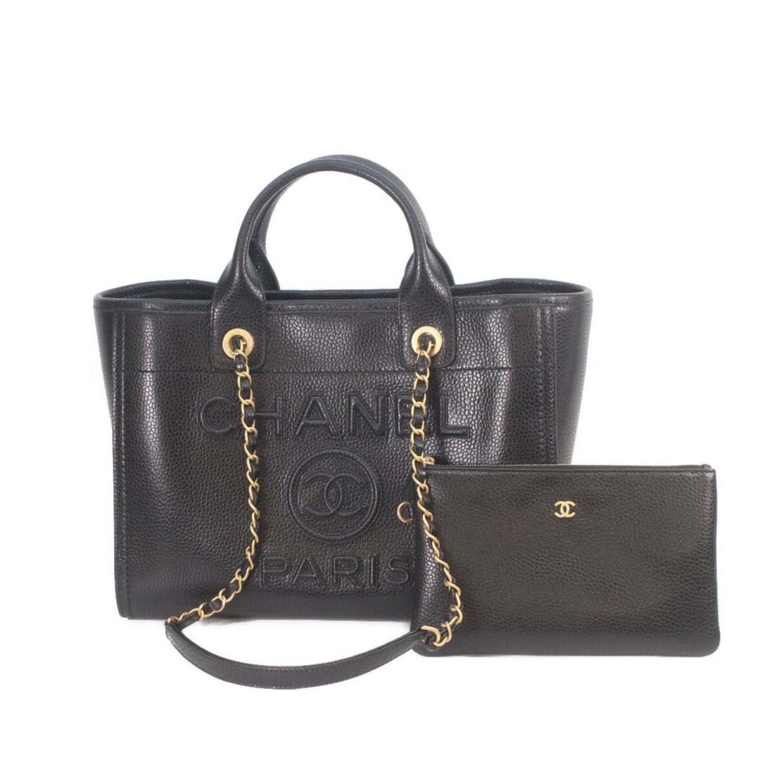 CHANEL AS3257 Black Caviar Leather Deauville Small Shopping Tote Shoulder Bag for Women: --- Catalog ---Category: SizeSize (HxWxD): 13cm x 33cm x 16cm / 5.11'' x 12.99'' x 6.29''Category: DesignType: Pouch, Shoulder bagColor: BlackGender: WomenMaterial: Grained Calfskin Hardware Color: Go