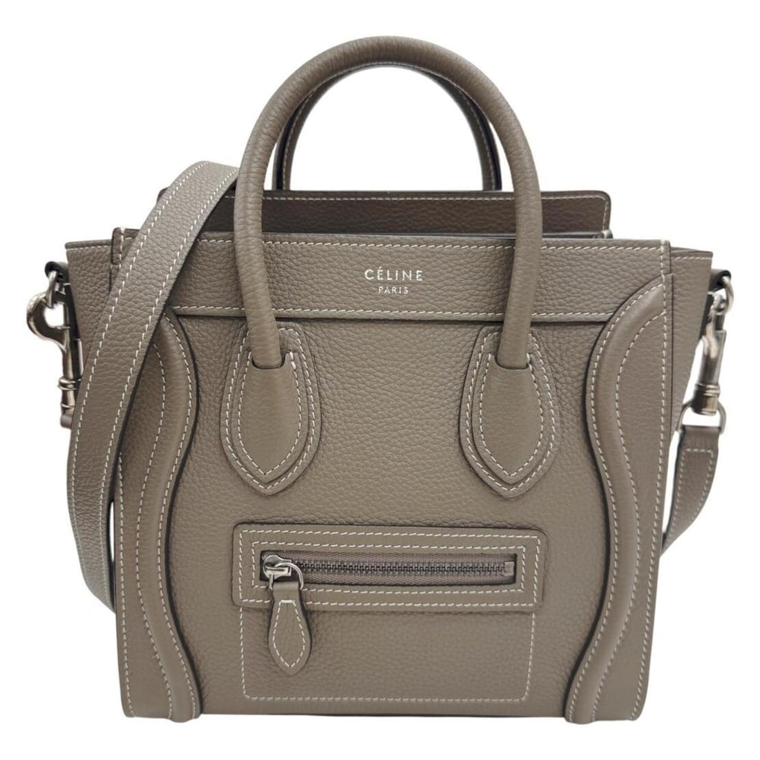 CELINE Luggage Nano Shopper Grey Handbag Shoulder Bag Leather Women's: --- Catalog ---Category: SizeSize (HxWxD): 18cm x 20cm x 10cm / 7.08'' x 7.87'' x 3.93''Category: DesignType: Handbag, Shoulder bagColor: GrayishGender: WomenMaterial: Leather Category: GeneralBrand: 