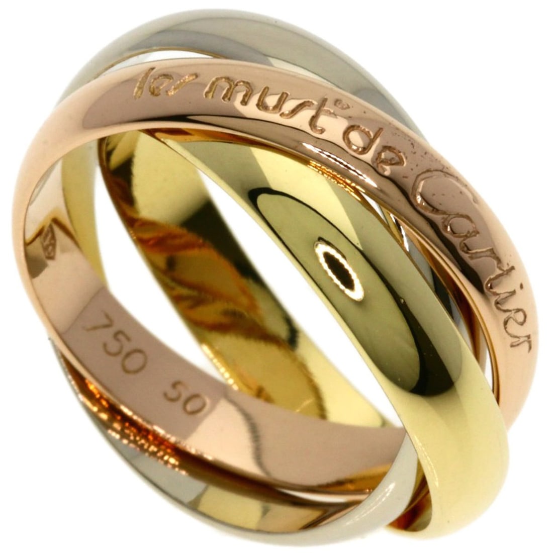 Cartier Trinity #50 Ring - 18K Yellow Gold/18K White Pink Gold Women's CARTIER: --- Catalog ---Category: SizeJP Size: 10US Size: 5.5Category: DesignColor: Yellow goldGender: WomenMaterial: Yellow gold (18K)Category: GeneralBrand: Cartier--- Item List ---Section: ConditionRanking: