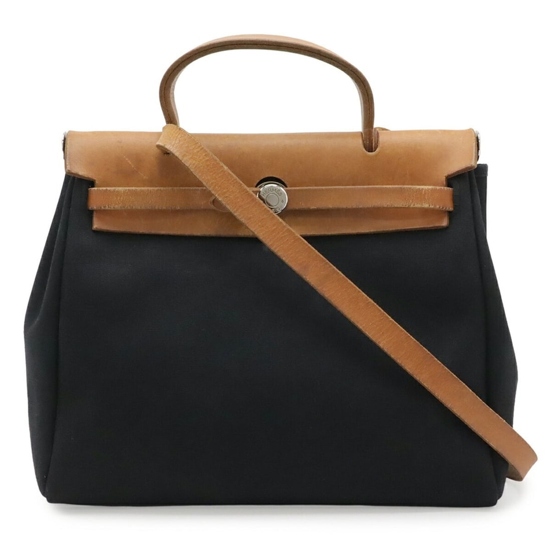 HERMES Herbag PM Handbag Shoulder Bag Toile Officier Leather Black Beige ?D Stamp: --- Catalog ---Category: SizeSize (HxWxD): 27cm x 30cm x 11cm / 10.62'' x 11.81'' x 4.33''Category: DesignType: Handbag, Shoulder bagColor: Beige, BlackGender: Women,MenMaterial: Toile officier Catego