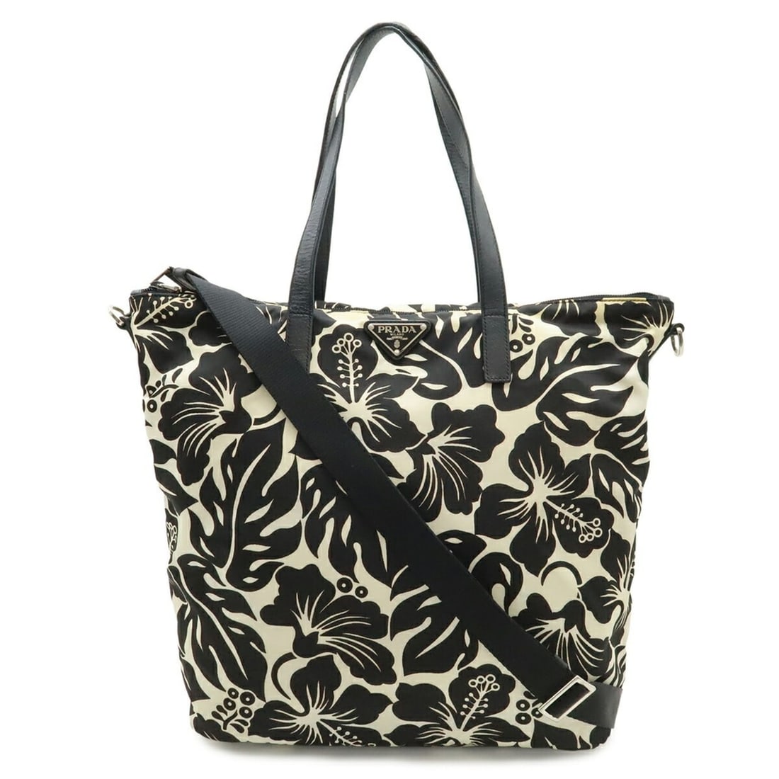 PRADA Prada Tote Bag Shoulder Hibiscus Flower Print Nylon Leather NERO Black White B4696F: --- Catalog ---Category: SizeSize (HxWxD): 35.5cm x 32cm x 14cm / 13.97'' x 12.59'' x 5.51''Category: DesignType: Shoulder bag, Tote bagColor: Black, NeroGender: WomenMaterial: Nylon Category: General