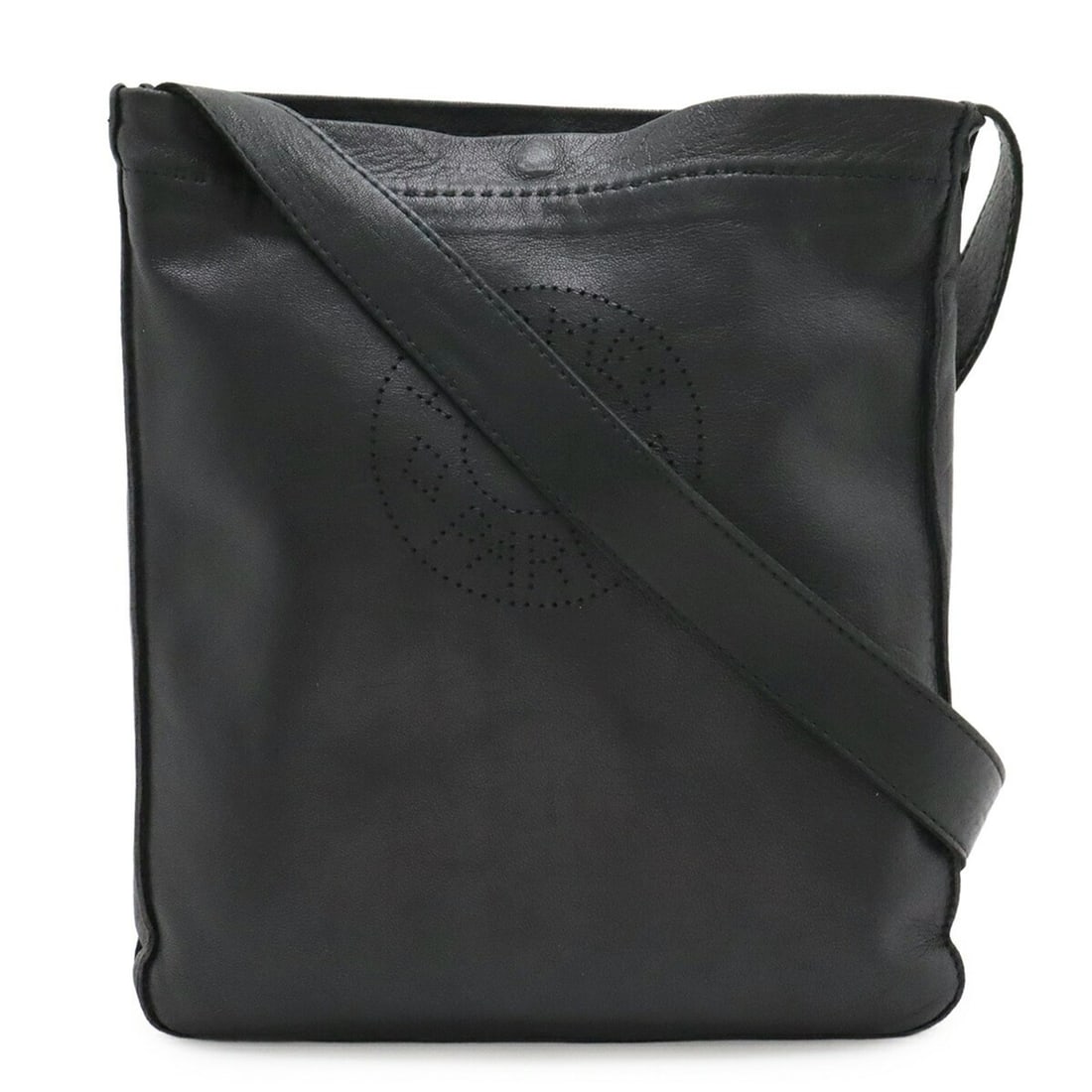 HERMES Clou de Selle Shoulder Bag/Pochette, Perforated Lambskin Leather, Black, ?M Stamp: --- Catalog ---Category: SizeWeight: 100g / 3.52oz.Size (HxWxD): 22.5cm x 19.5cm x 1.5cm / 8.85'' x 7.67'' x 0.59''Strap Length: 124cm / 48.81''Category: DesignType: Pochette, Shoulder bagColor: Black