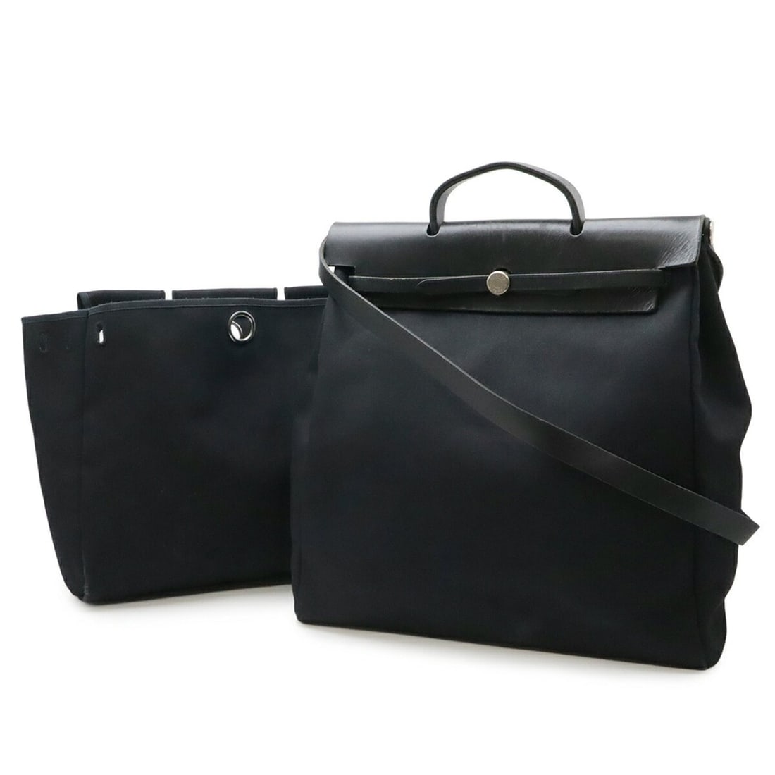 HERMES Herbag MM Handbag Shoulder Bag Toile Officier Canvas Leather Black ?C Stamp (1 of 10)