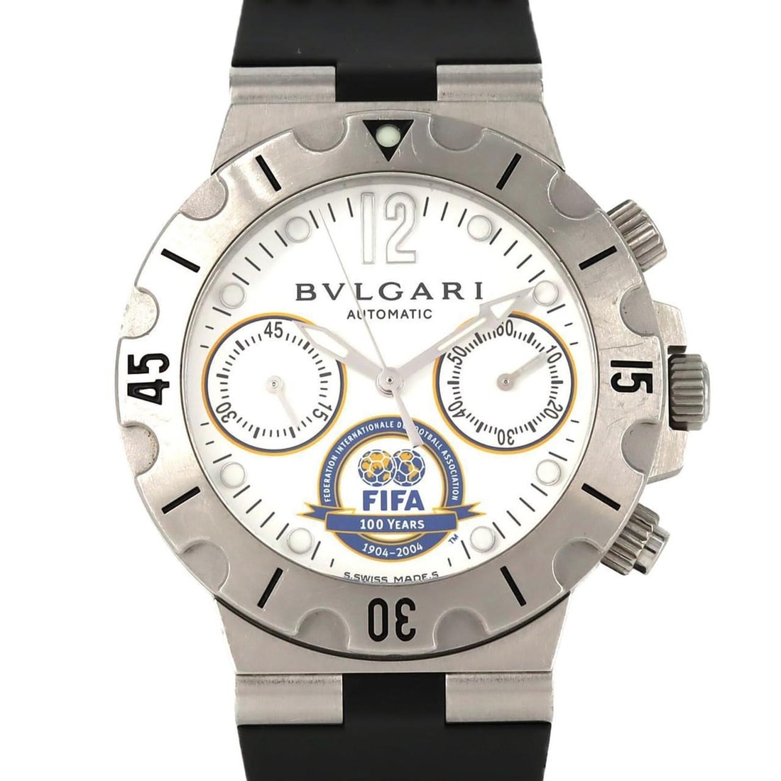 Bulgari Scuba Chrono FIFA 100 Years Limited SCB38S Stainless Steel Automatic Watch: --- Catalog ---Category: SizeCase Diameter: 38mm / 1.5''Category: DesignType: WristwatchGender: MenColor (Dial): WhiteMaterial (Band): Rubber, Stainless steelMaterial (Case): Stainless steelCategory: 