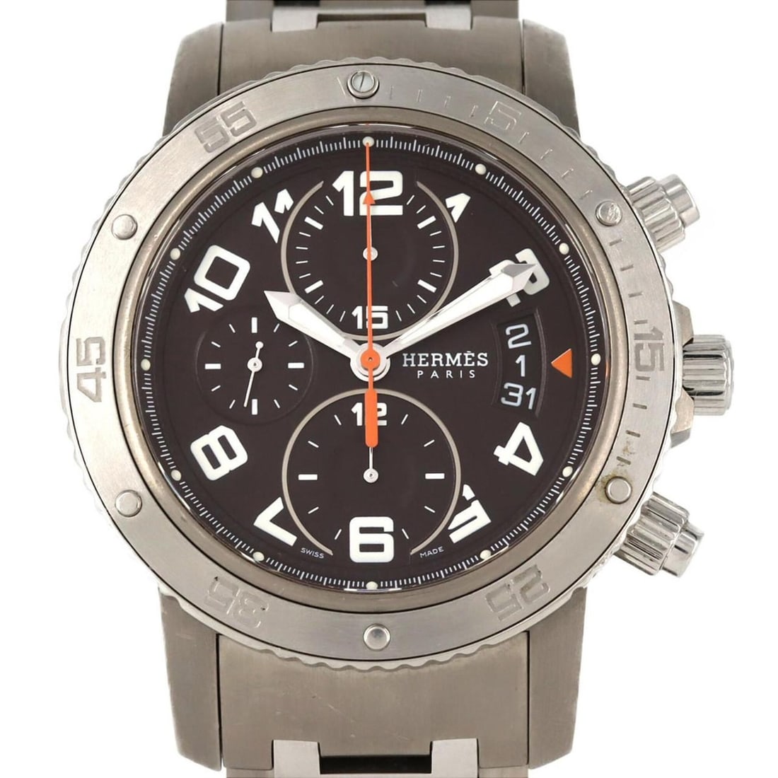 Hermes Clipper Diver Chrono Mechanic SSxTI CP2.941 Automatic Watch: --- Catalog ---Category: SizeWrist Size: 19.5cm / 7.67''Case Diameter: 44mm / 1.73''Category: DesignType: WristwatchGender: MenColor (Dial): BrownMaterial (Band): Stainless steel, TitaniumMaterial (Ca