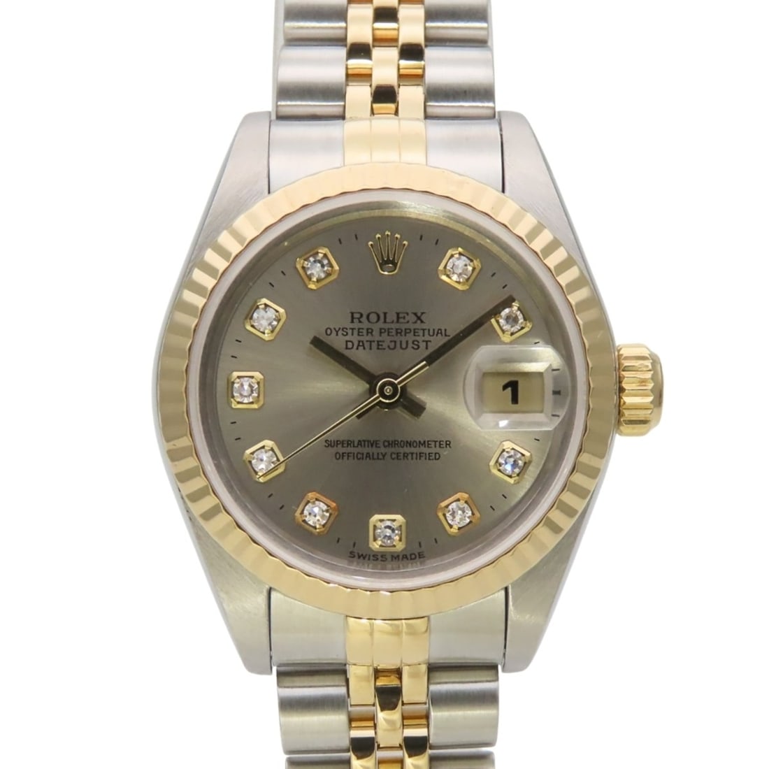 Rolex Datejust 69173G 10PD Stainless Steel 18K Yellow Gold Diamond Dial Gray Two-Tone Ladies Watch: --- Catalog ---Category: SizeWrist Size: 16.5cm / 6.49''Case Diameter: 26mm / 1.02''Category: DesignType: WristwatchGender: WomenColor (Dial): GrayMaterial (Band): Stainless steel, Yellow gold (18K)Ma