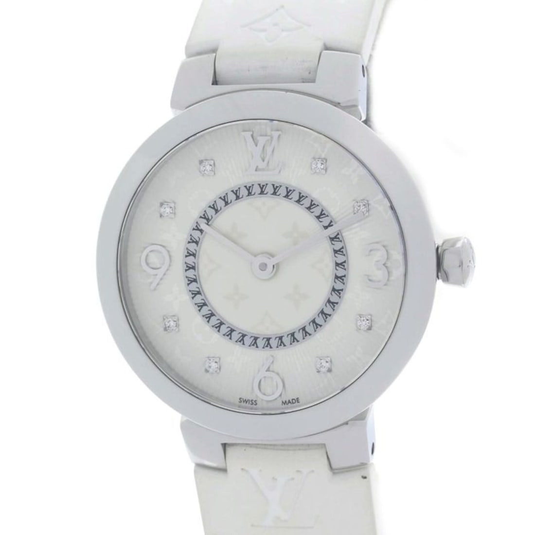 LOUIS VUITTON Tambour Slim PM Q12MGZ 8P Diamond Women's Watch 40363: --- Catalog ---Category: SizeWrist Size: 18cm / 7.08''Case Diameter: 28mm / 1.1''Category: DesignType: WristwatchGender: WomenColor (Dial): SilverMaterial (Band): RubberMaterial (Case): Stainless stee